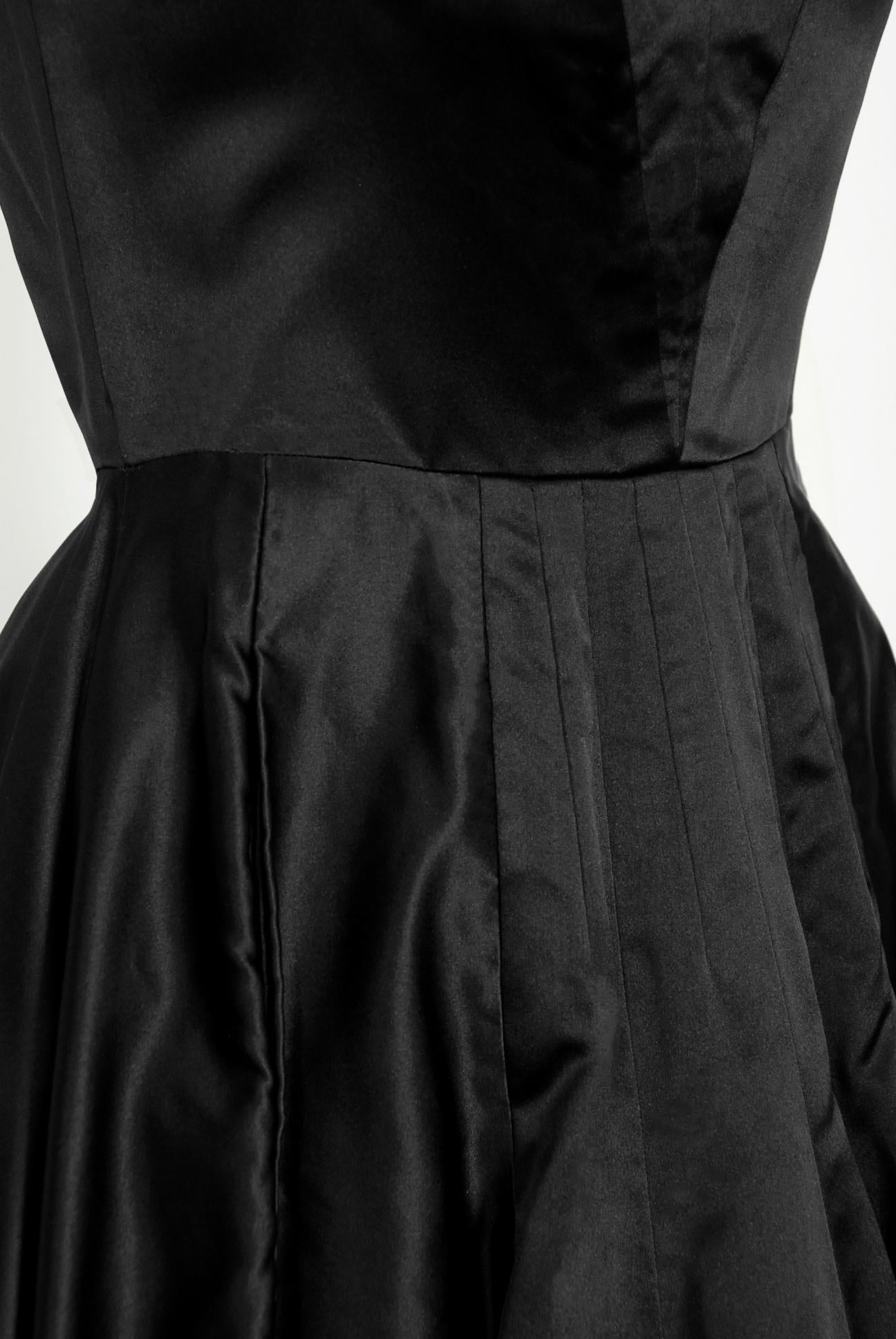 Vintage 1950's Galanos Couture Black Silk Off-Shoulder Plunge Full Skirt Dress In Good Condition In Beverly Hills, CA