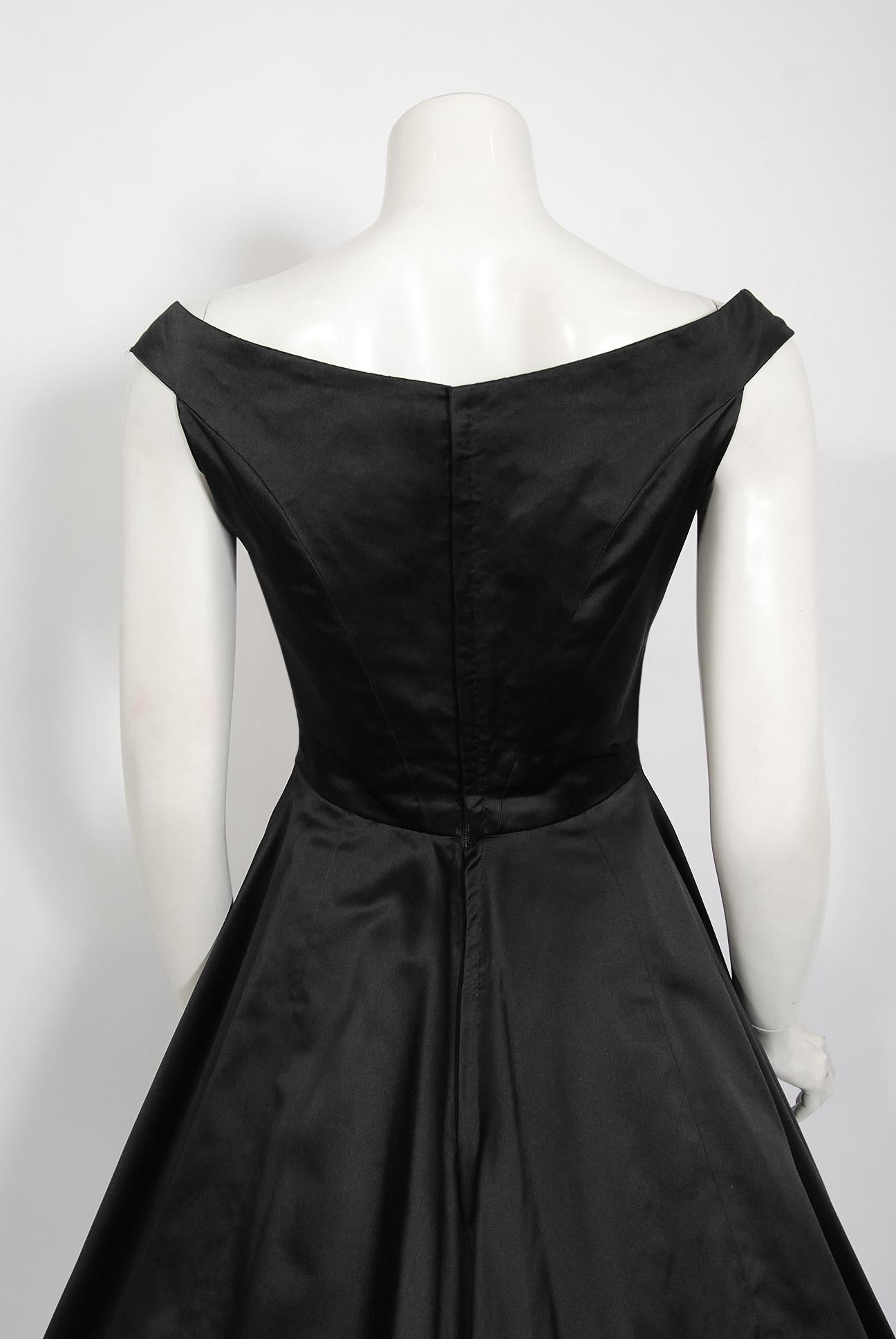 Vintage 1950's Galanos Couture Black Silk Off-Shoulder Plunge Full Skirt Dress 1