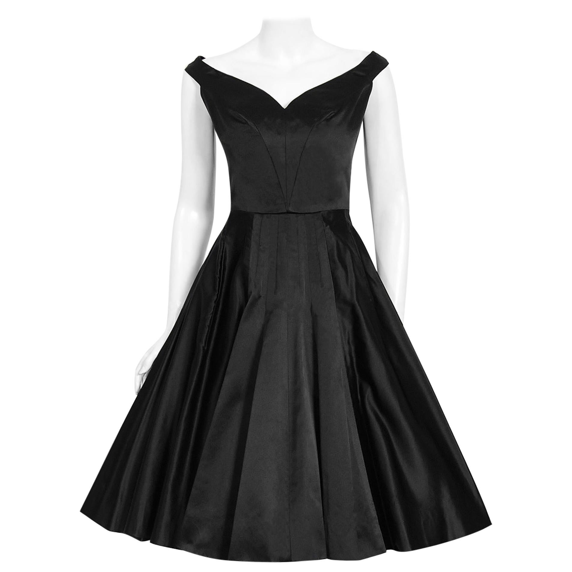 Vintage 1950's Galanos Couture Black Silk Off-Shoulder Plunge Full Skirt Dress