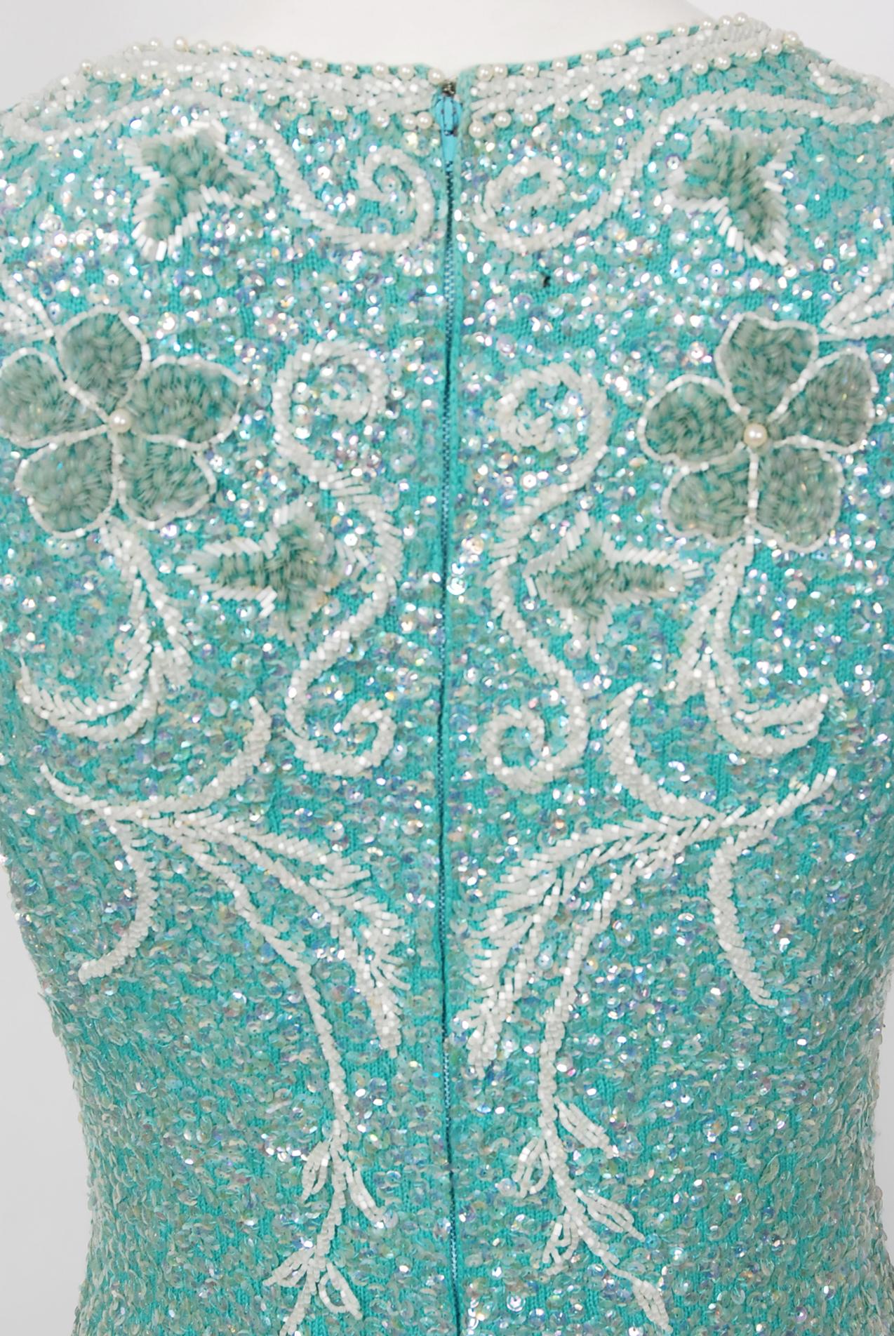 Vintage 1950's Gene Shelly Sequin Beaded Floral Turquoise Knit Hourglass Dress 2