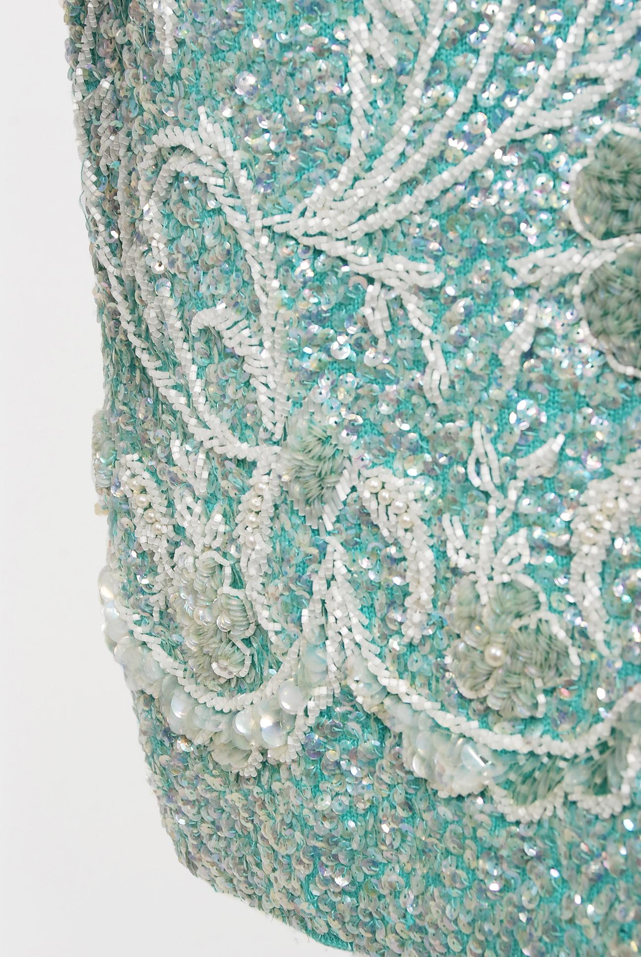 Vintage 1950's Gene Shelly Sequin Beaded Floral Turquoise Knit Hourglass Dress In Good Condition In Beverly Hills, CA