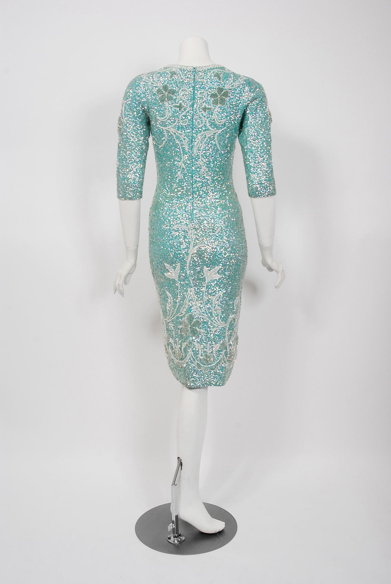 Women's Vintage 1950's Gene Shelly Sequin Beaded Floral Turquoise Knit Hourglass Dress