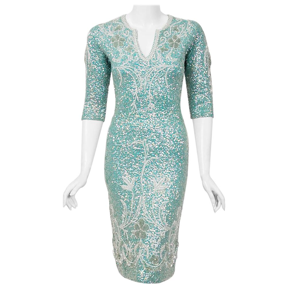 Vintage 1950's Gene Shelly Sequin Beaded Floral Turquoise Knit Hourglass Dress