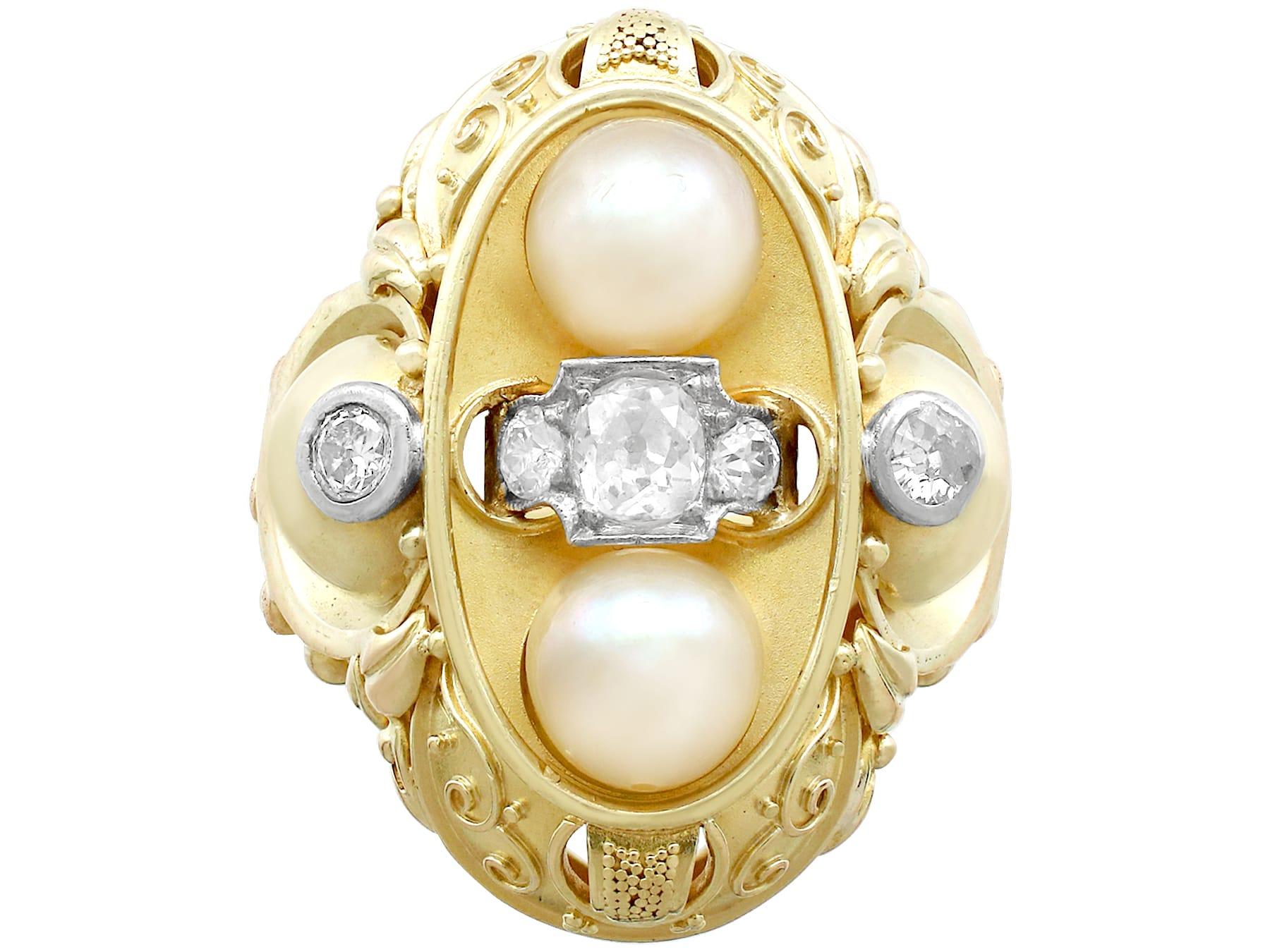 Round Cut Vintage 1950s German Pearl Diamond Yellow Gold Cocktail Ring For Sale