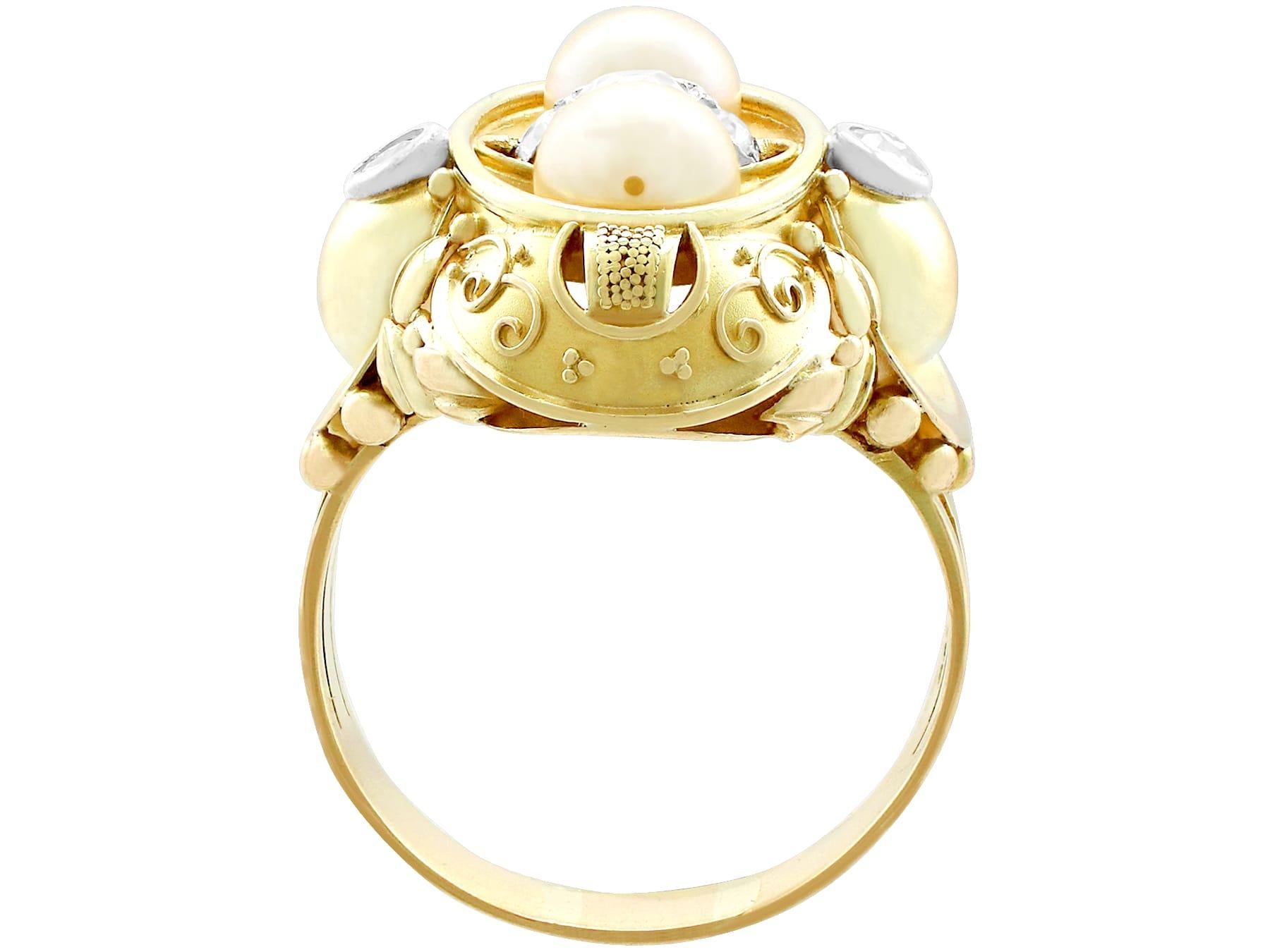 Vintage 1950s German Pearl Diamond Yellow Gold Cocktail Ring In Excellent Condition For Sale In Jesmond, Newcastle Upon Tyne