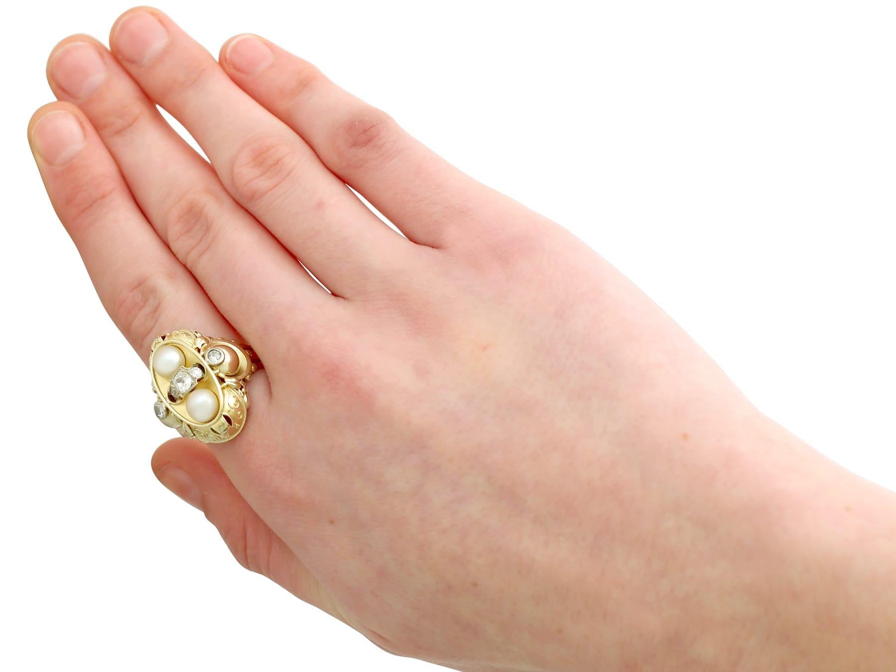 Vintage 1950s German Pearl Diamond Yellow Gold Cocktail Ring For Sale 1