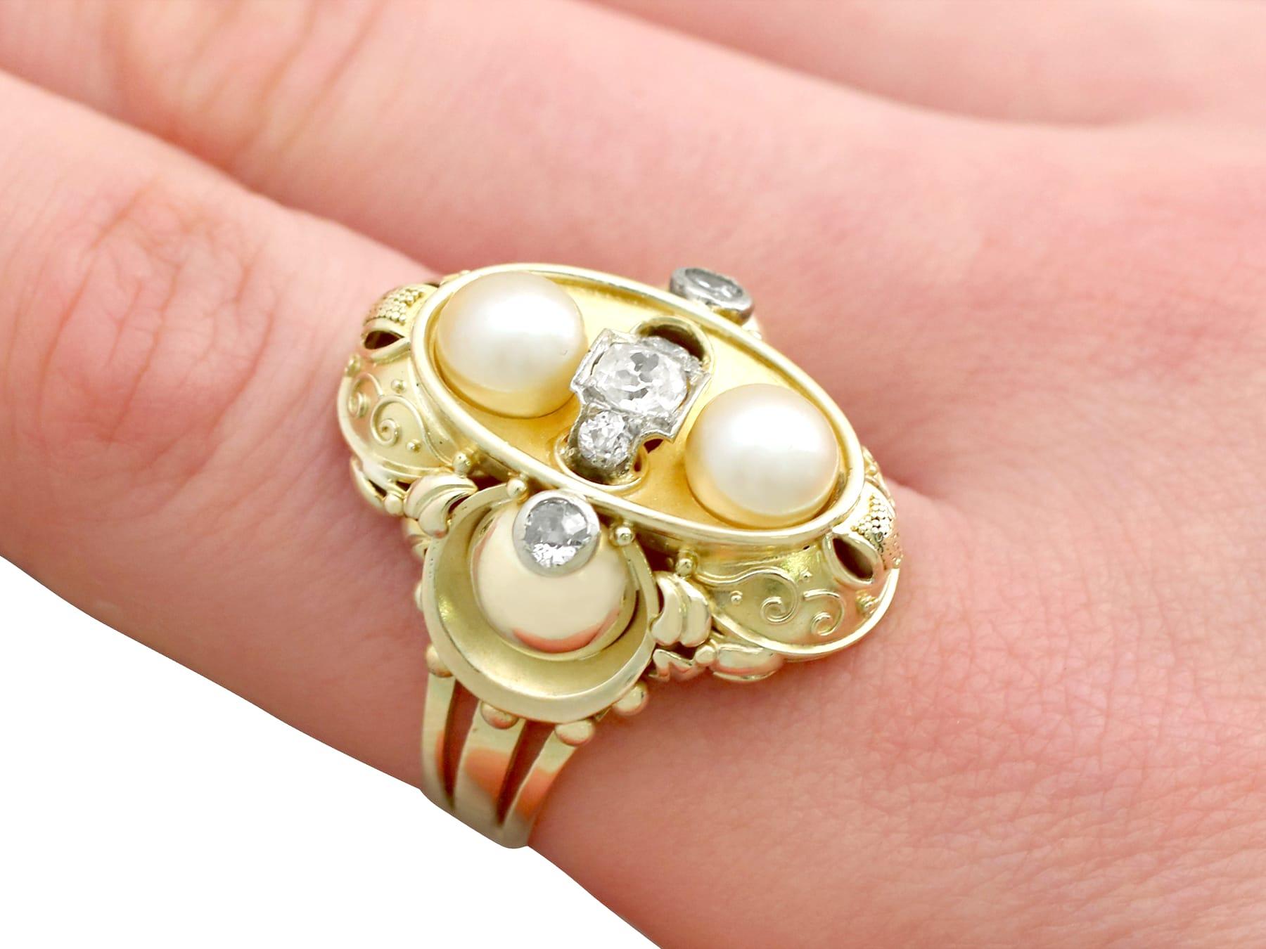 Vintage 1950s German Pearl Diamond Yellow Gold Cocktail Ring For Sale 2