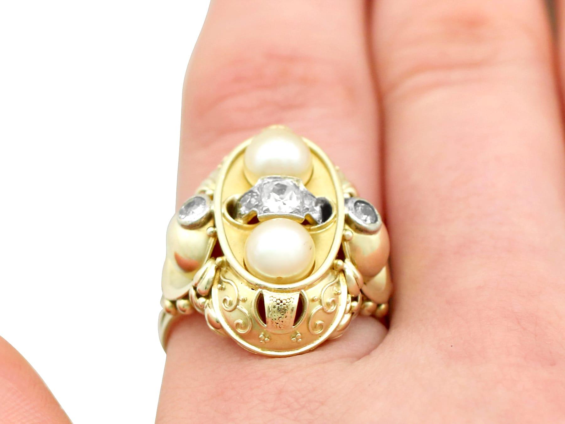 Vintage 1950s German Pearl Diamond Yellow Gold Cocktail Ring For Sale 3