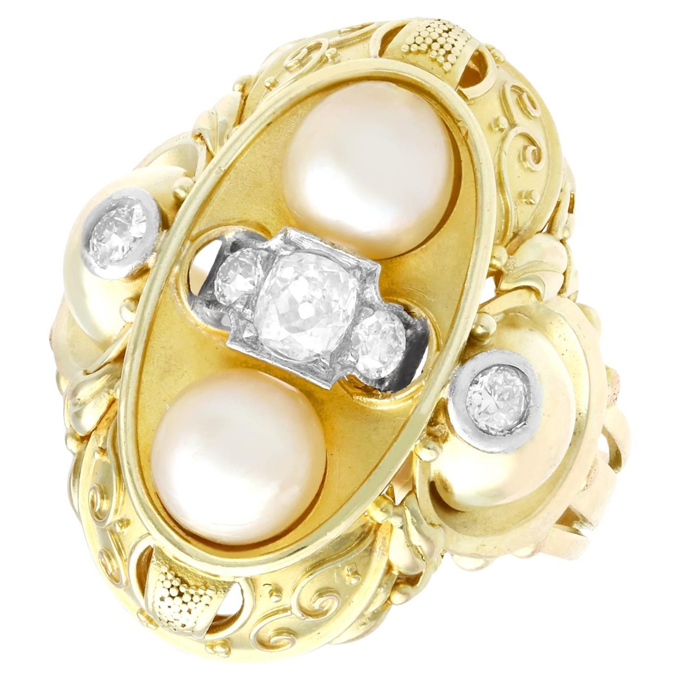 Vintage 1950s German Pearl Diamond Yellow Gold Cocktail Ring For Sale