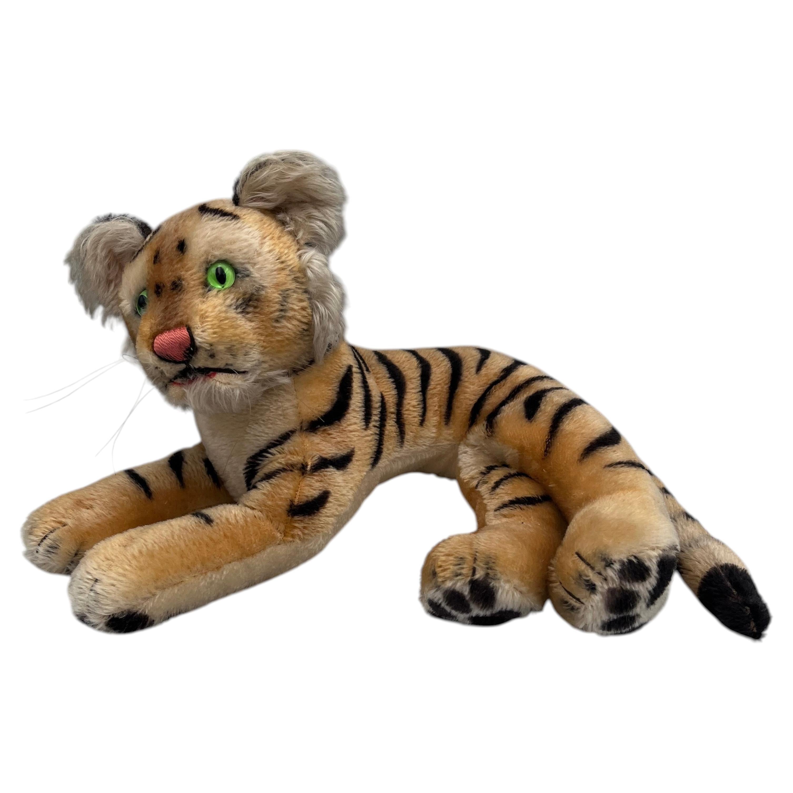 Peluche vintage tedesco Steiff degli anni '50, tigre del Bengala in mohair, con posizione reclinata