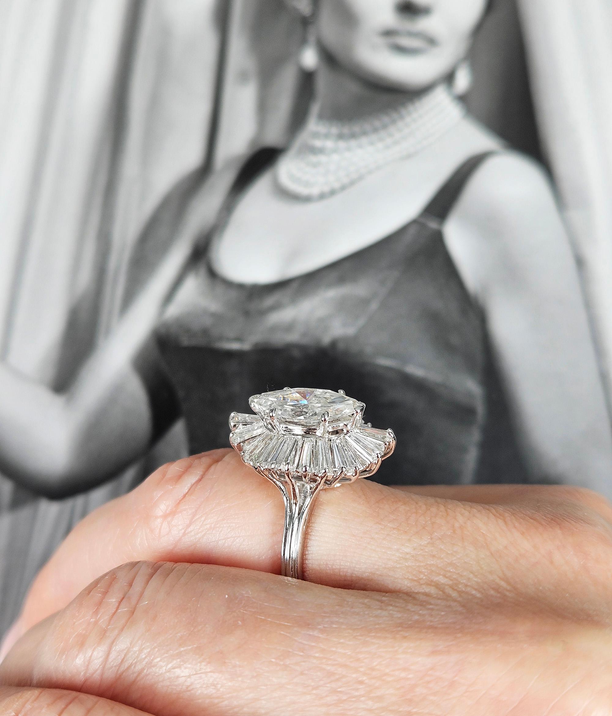 Vintage 1950er GIA 4,67ct Marquise Diamant Ballerina Cocktail 18K Weißgold Ring im Angebot 11
