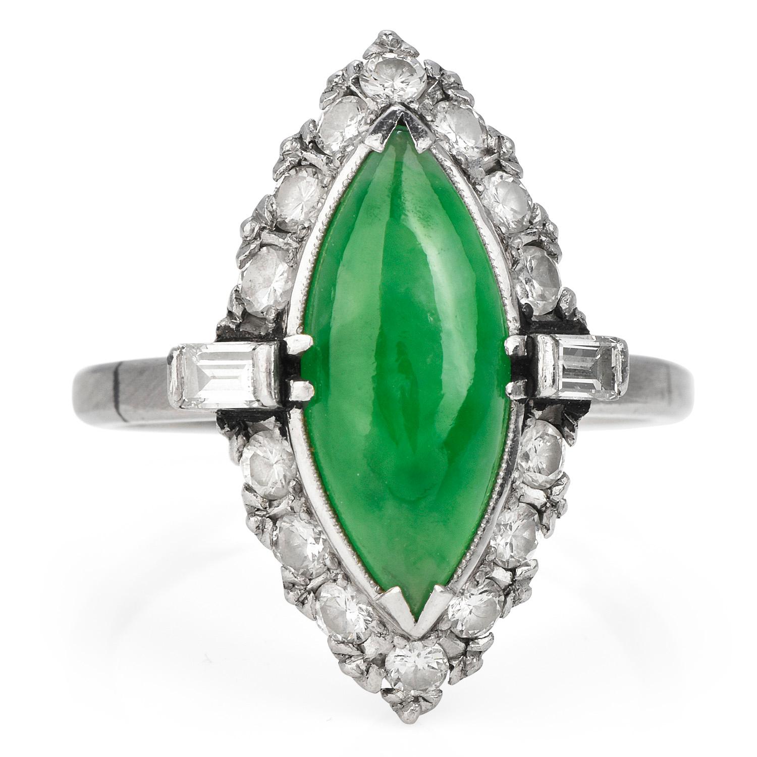 Marquise Cut Vintage 1950's GIA Apple Green Jade Diamond Platinum Ring