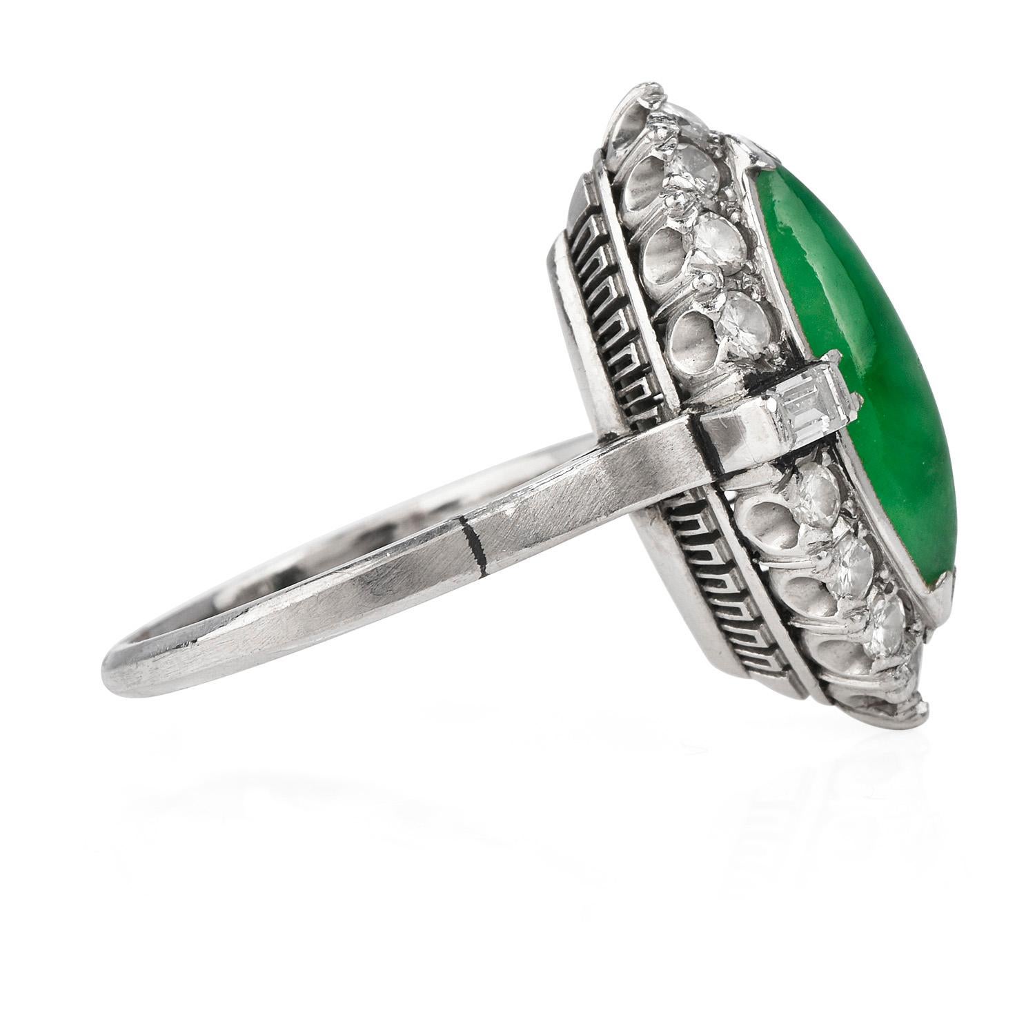 Vintage 1950's GIA Apple Green Jade Diamond Platinum Ring In Excellent Condition In Miami, FL