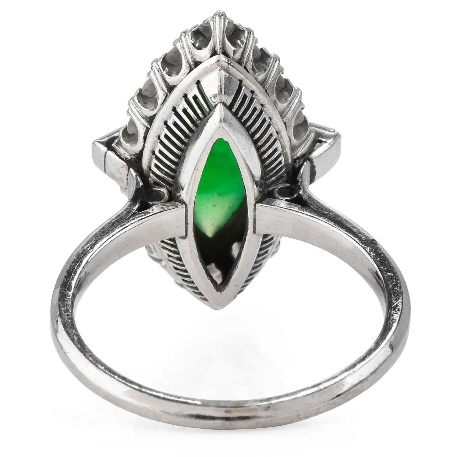 Women's or Men's Vintage 1950's GIA Apple Green Jade Diamond Platinum Ring