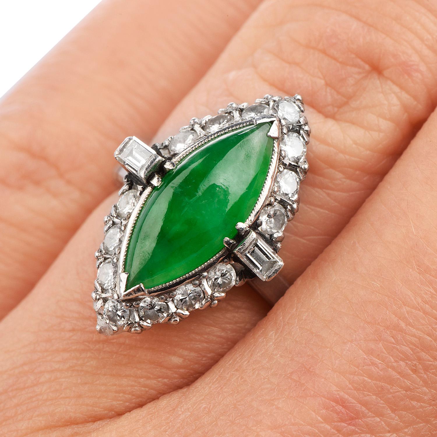 Vintage 1950's GIA Apple Green Jade Diamond Platinum Ring 1
