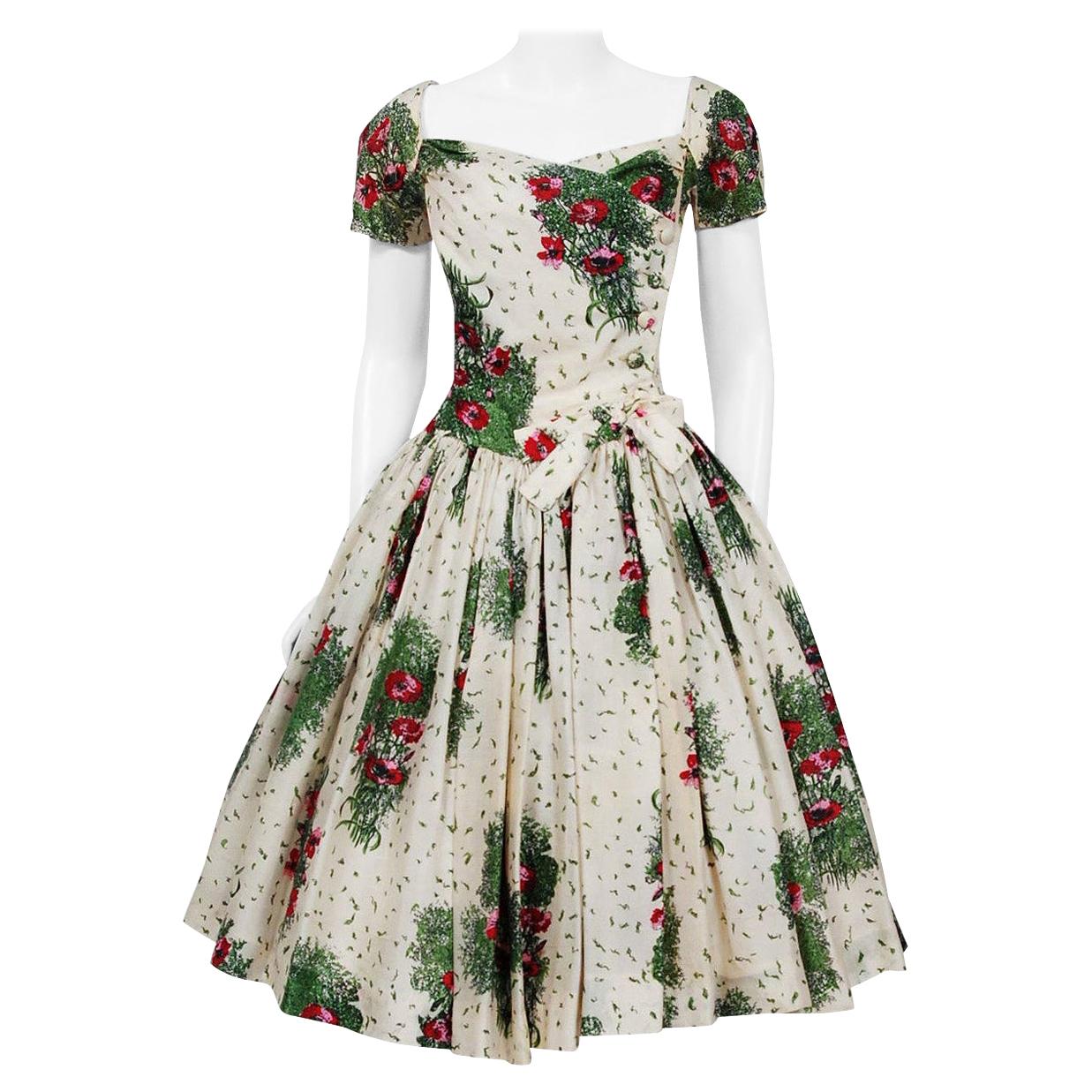 Vintage 1950's Gigi Young Floral Garden Print Silk Sweetheart Circle-Skirt Dress