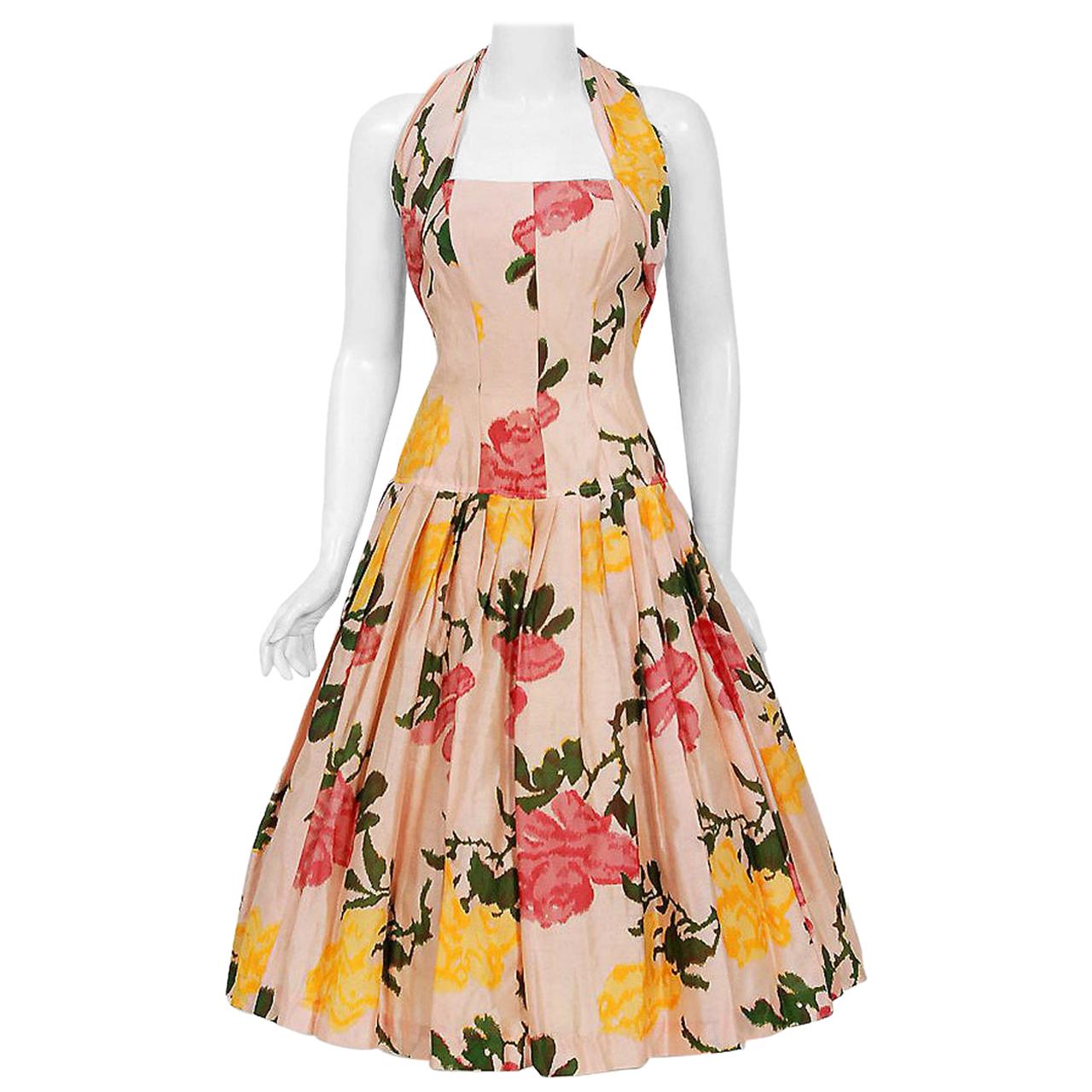 Vintage 1950's Gigi Young Pink Yellow Roses Floral Print Silk Halter Full Dress