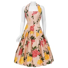 Vintage 1950's Gigi Young Pink Yellow Roses Floral Print Silk Halter Full Dress