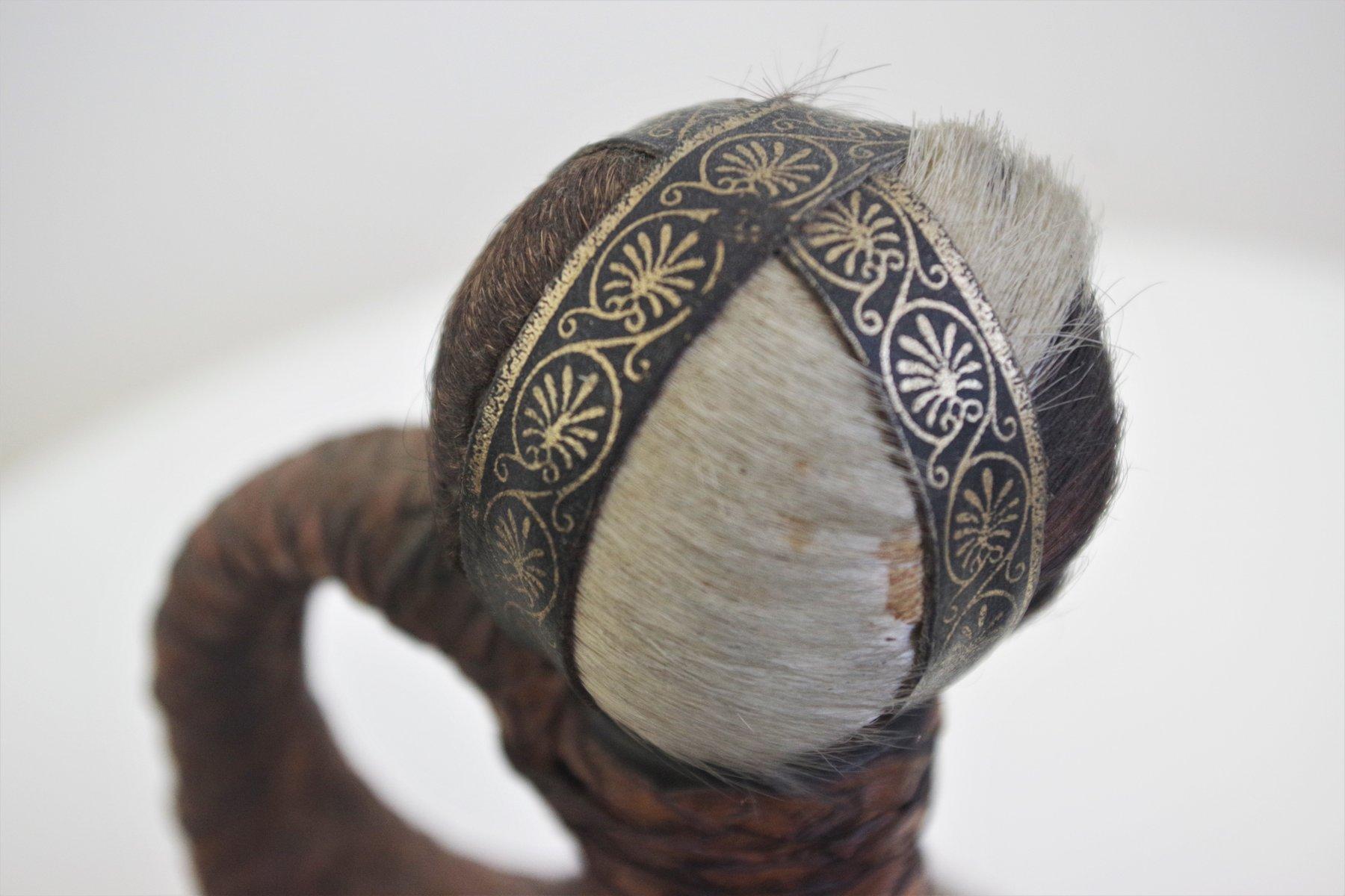 Italian Vintage 1950s Glass Bottle - Handcrafted with Fur, Rope, and Metal Accents For Sale
