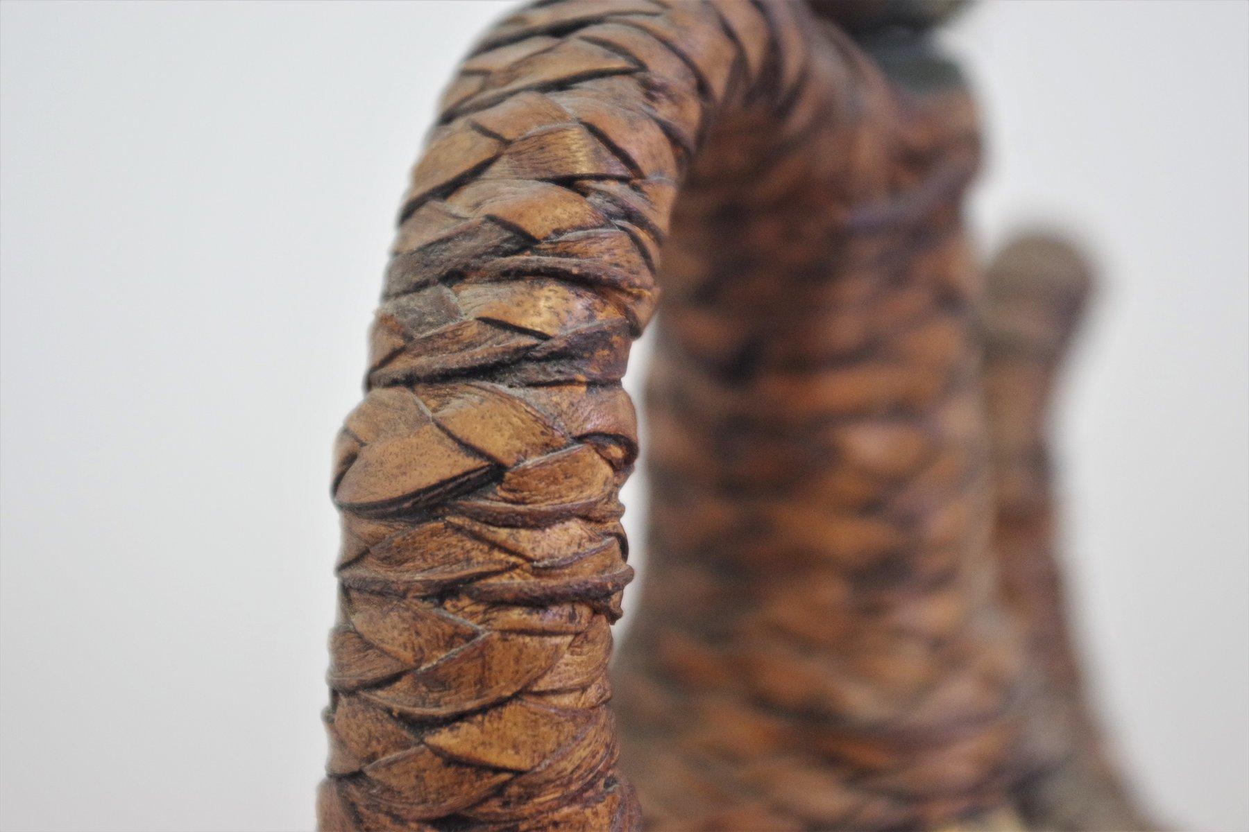Mid-20th Century Vintage 1950s Glass Bottle - Handcrafted with Fur, Rope, and Metal Accents For Sale
