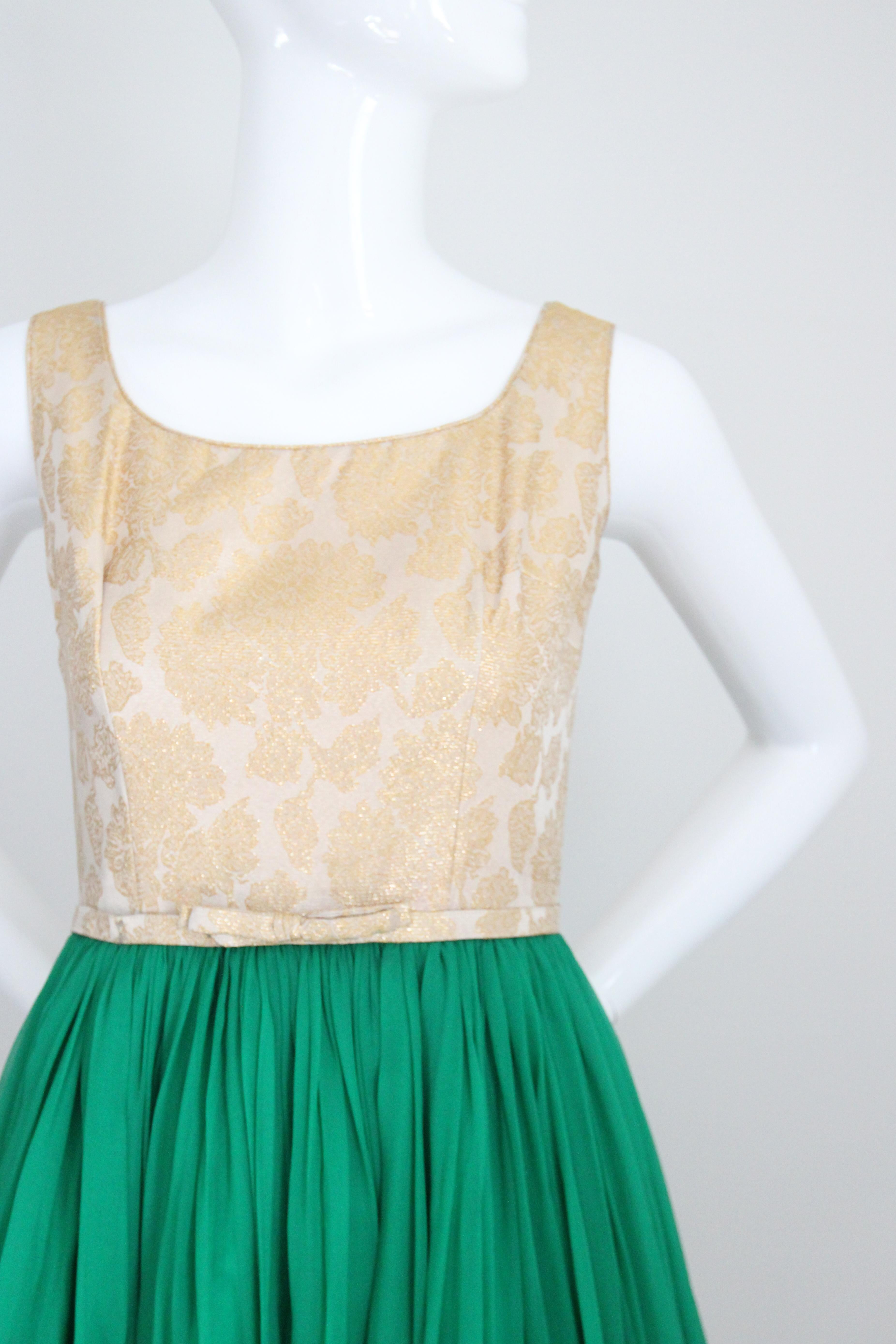 Blue Vintage 1950's Gold Emerald Green Silk Chiffon Cocktail Dress UK 4-6 US 0-2