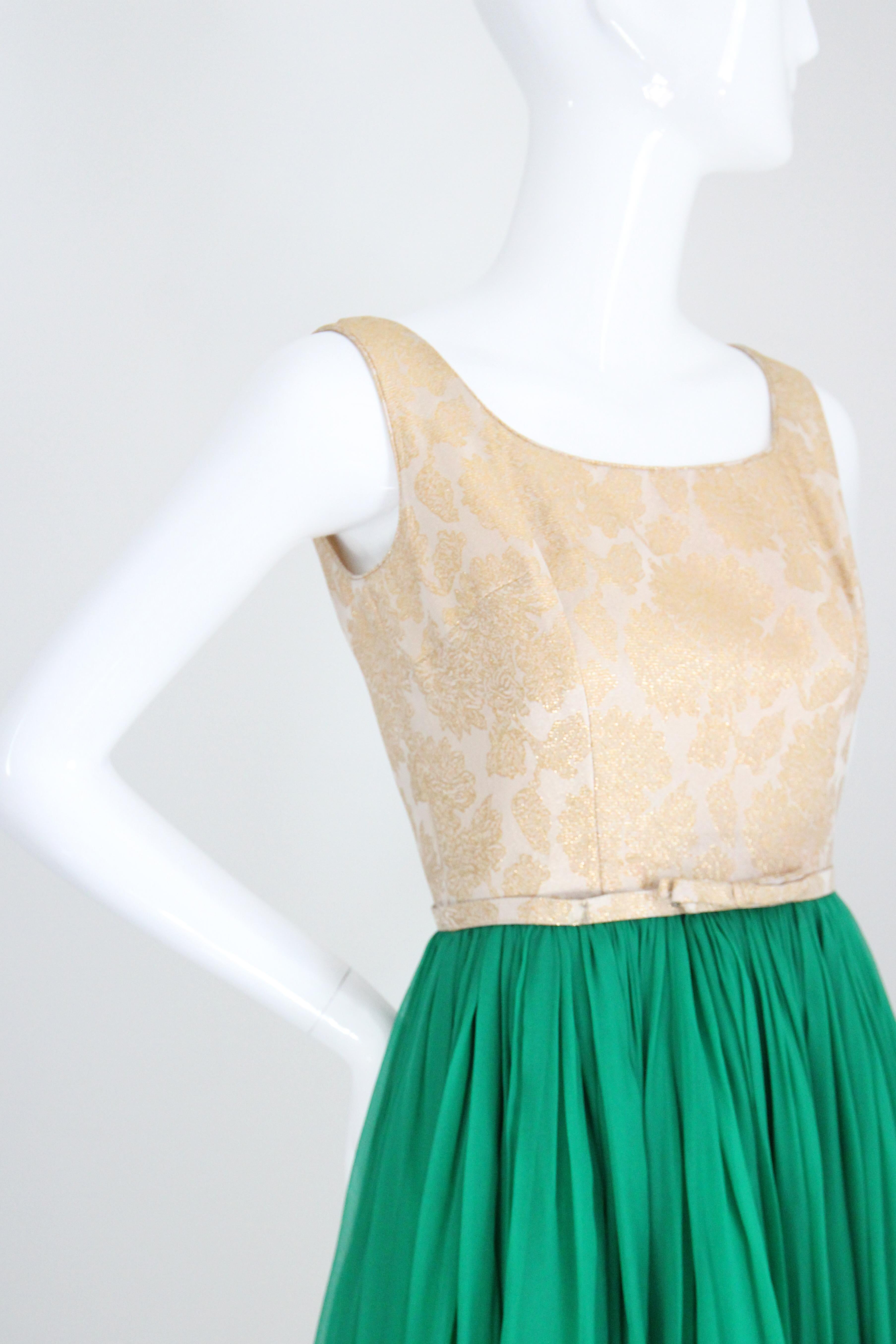 Women's or Men's Vintage 1950's Gold Emerald Green Silk Chiffon Cocktail Dress UK 4-6 US 0-2