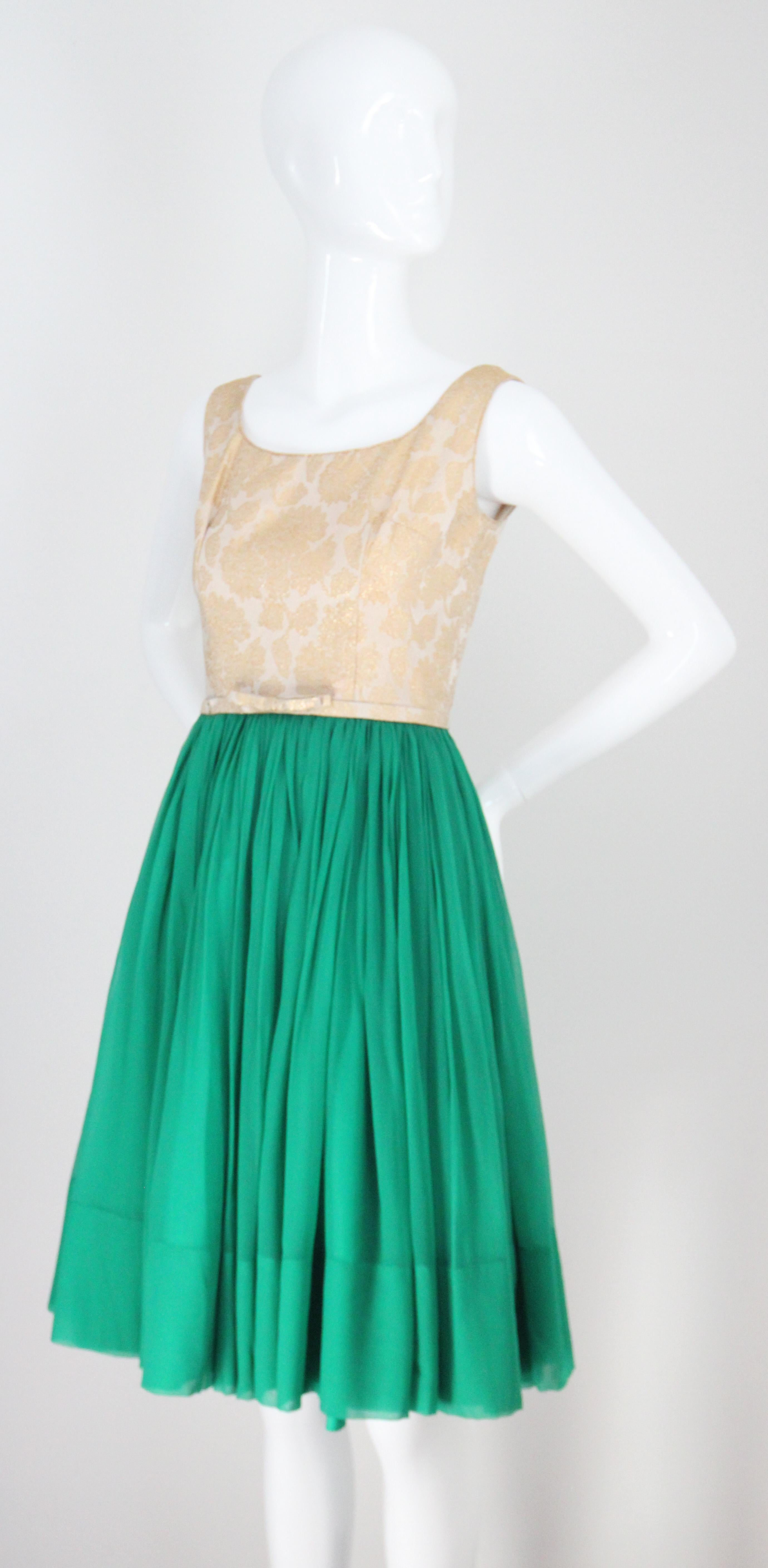 Vintage 1950's Gold Emerald Green Silk Chiffon Cocktail Dress UK 4-6 US 0-2 1