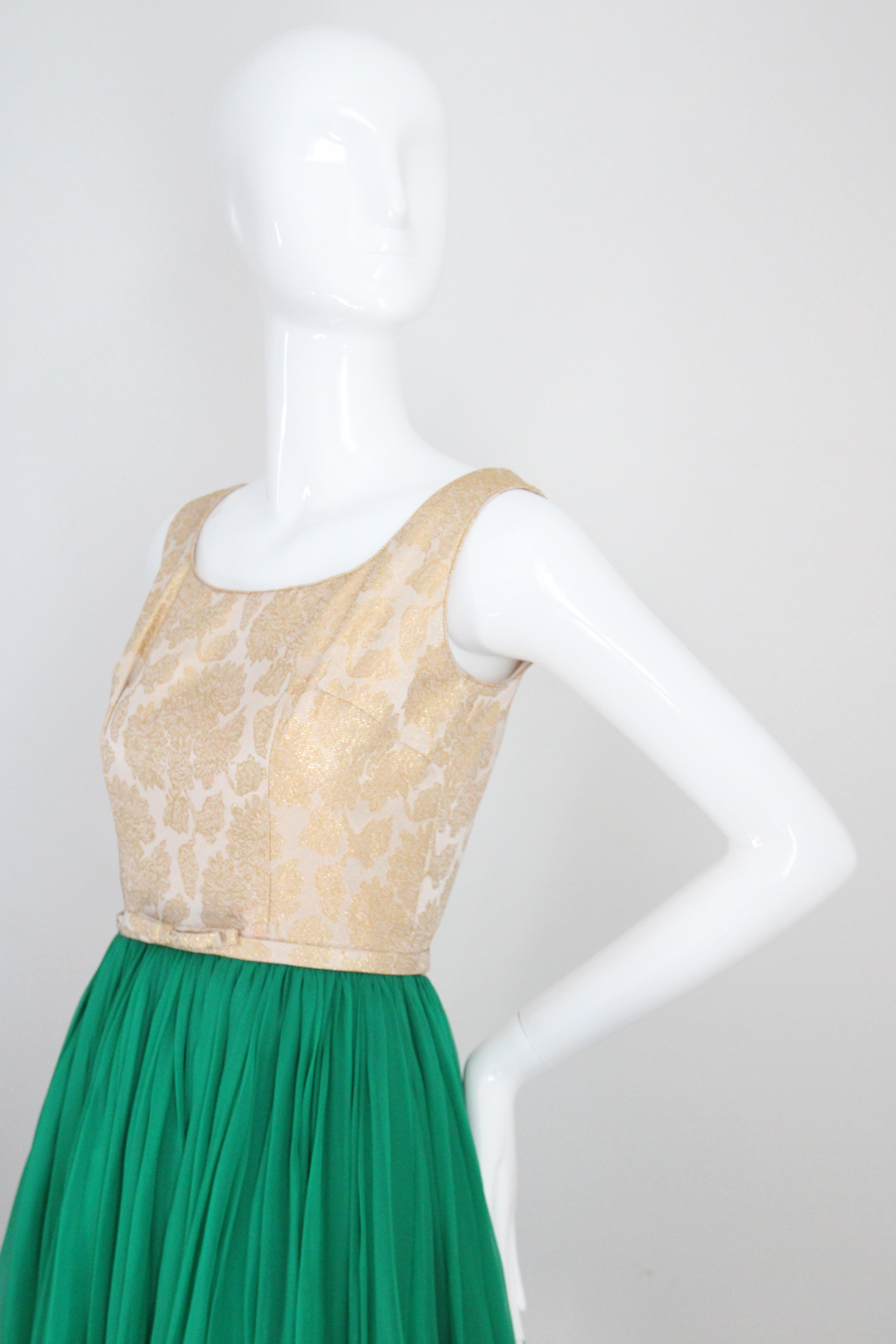 Vintage 1950's Gold Emerald Green Silk Chiffon Cocktail Dress UK 4-6 US 0-2 2