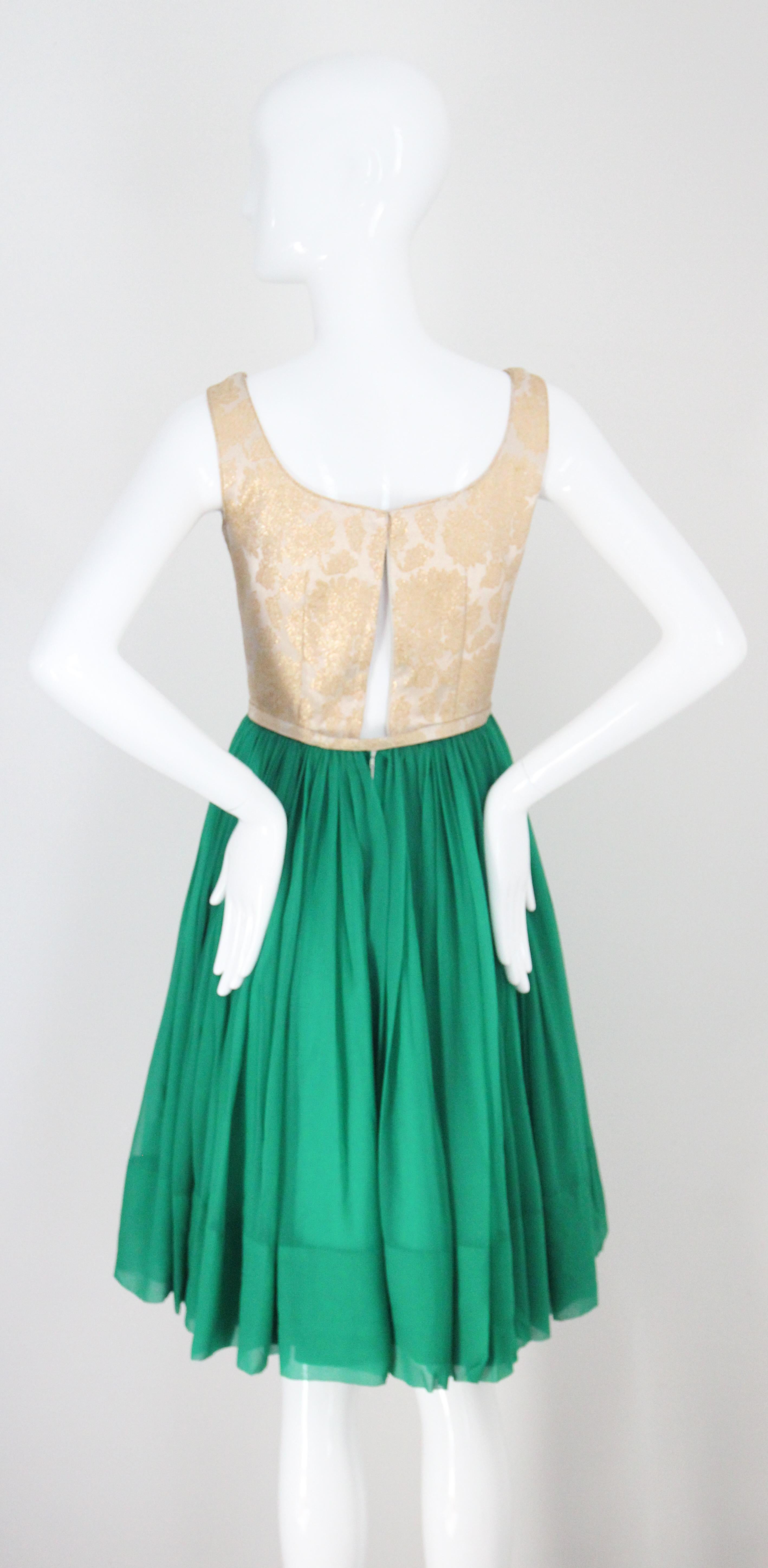 Vintage 1950's Gold Emerald Green Silk Chiffon Cocktail Dress UK 4-6 US 0-2 3