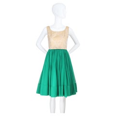 Vintage 1950's Gold Emerald Green Silk Chiffon Cocktail Dress UK 4-6 US 0-2