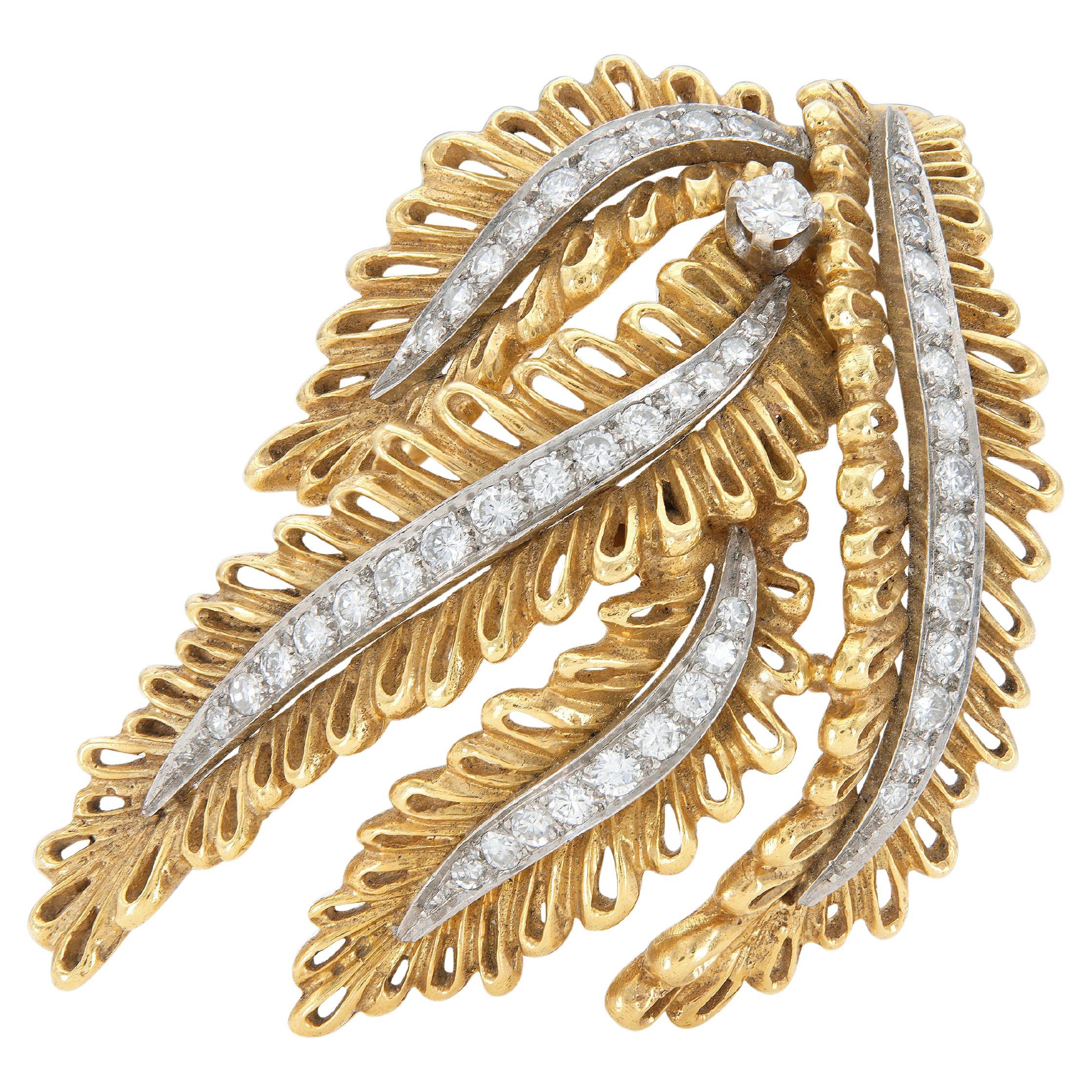 Vintage 1950s Gold Feathers Brooch with Diamonds