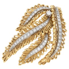 Vintage 1950s Gold Feathers Brooch with Diamonds