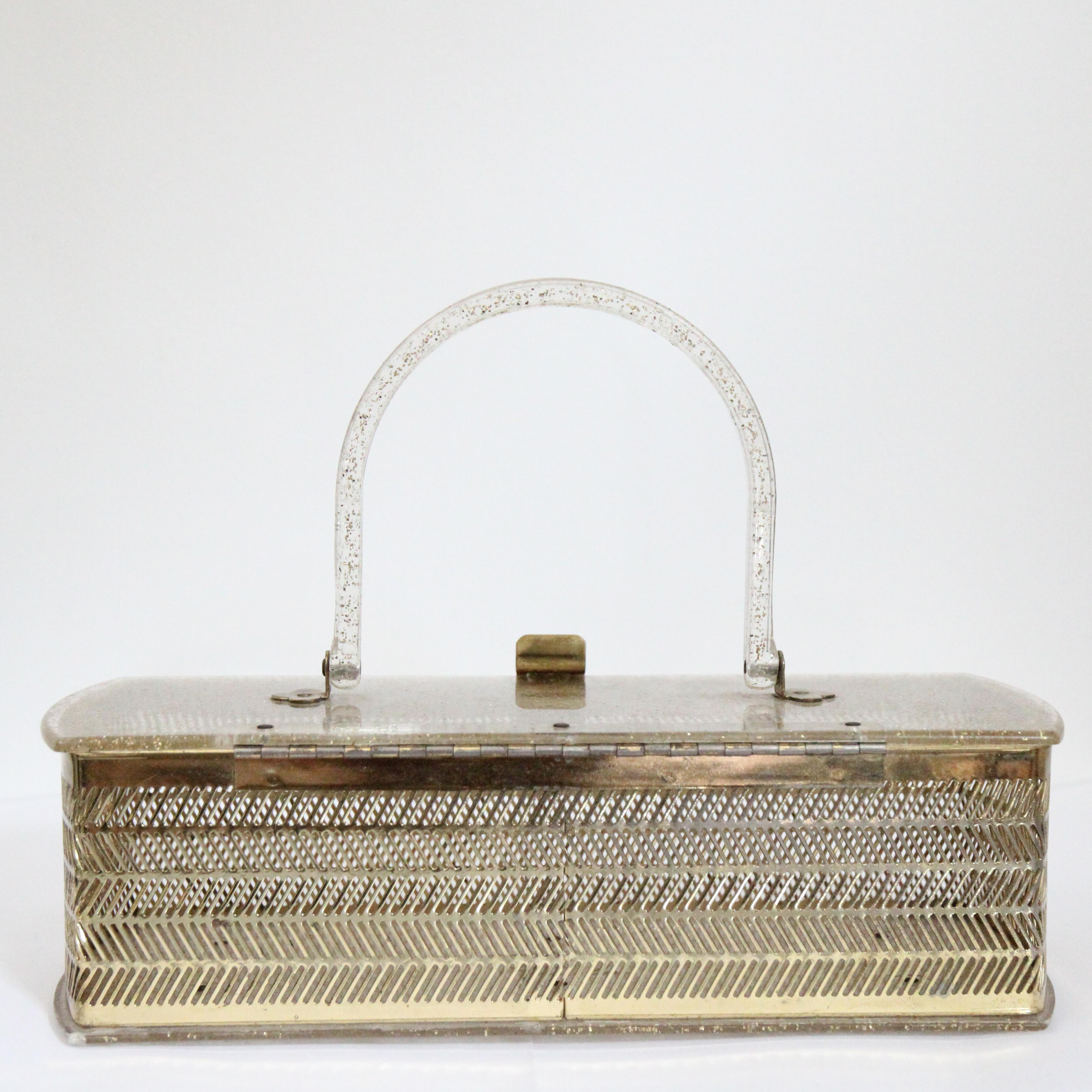 Women's or Men's Vintage 1950's Gold Glitter Lucite Box Bag Vintage 1950's Gold Metal Box Bag For Sale