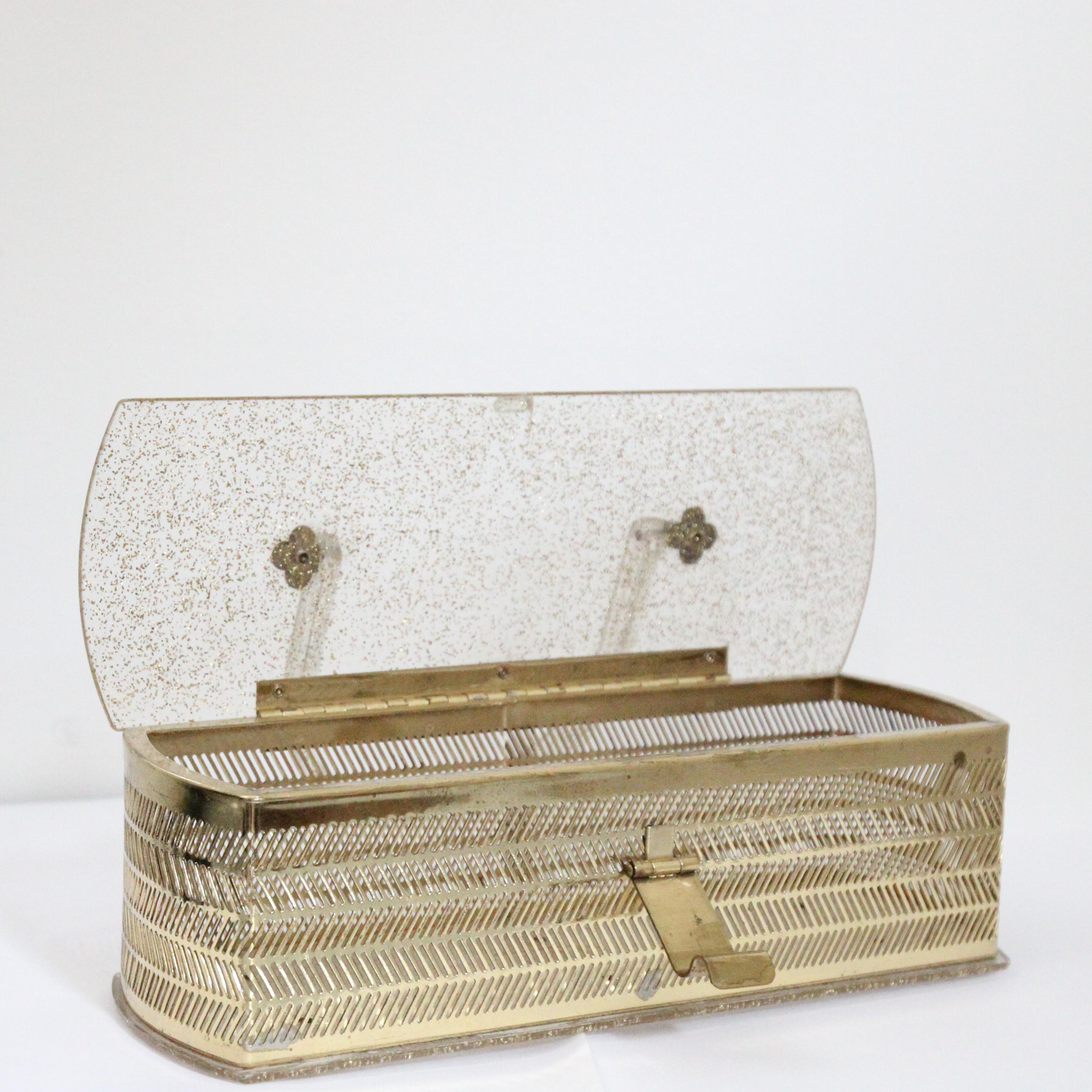 Vintage 1950's Gold Glitter Lucite Box Bag Vintage 1950's Gold Metal Box Bag For Sale 1