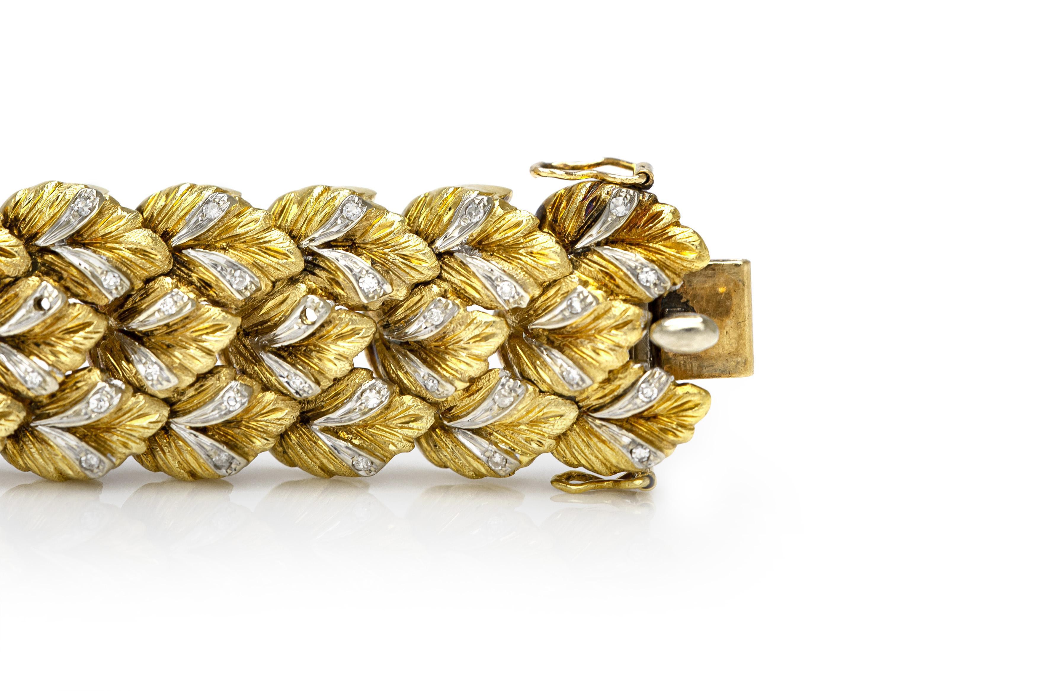 Pulsera de eslabones de oro vintage de los años 50 con diamantes Corte único en venta