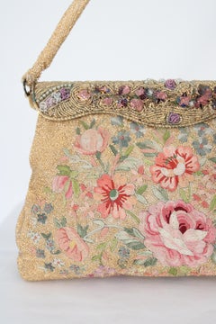 Vintage 1950's Gold Micro Beaded Floral Handbag Crewel Embroidered Evening Bag