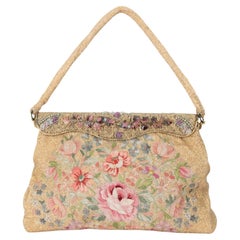 Vintage 1950's Gold Micro Beaded Floral Handbag Crewel Embroidered Evening Bag