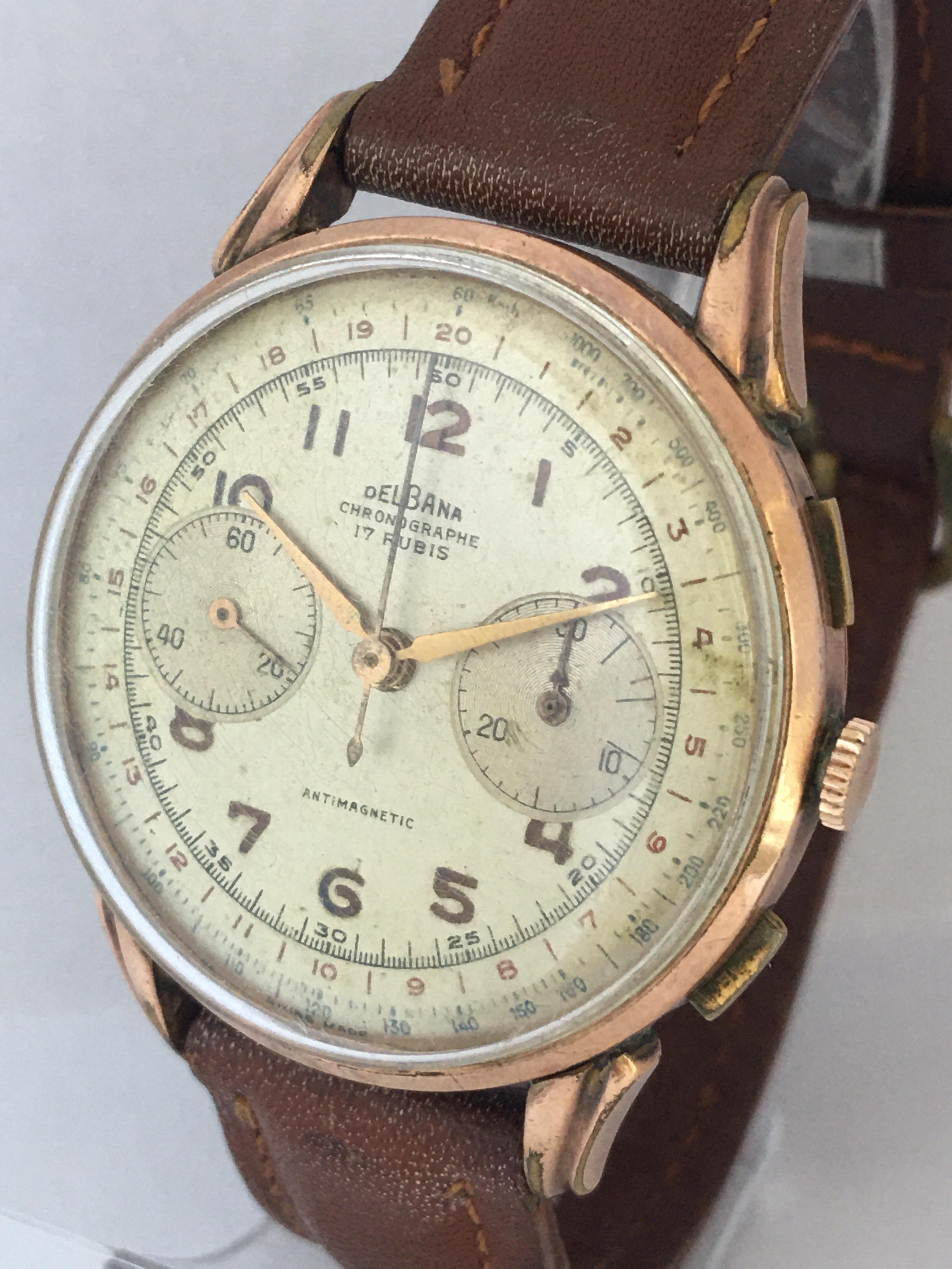 Vintage 1950s Gold Plate Chronograph Mechanical Gents Watch by Delbana Watch 6