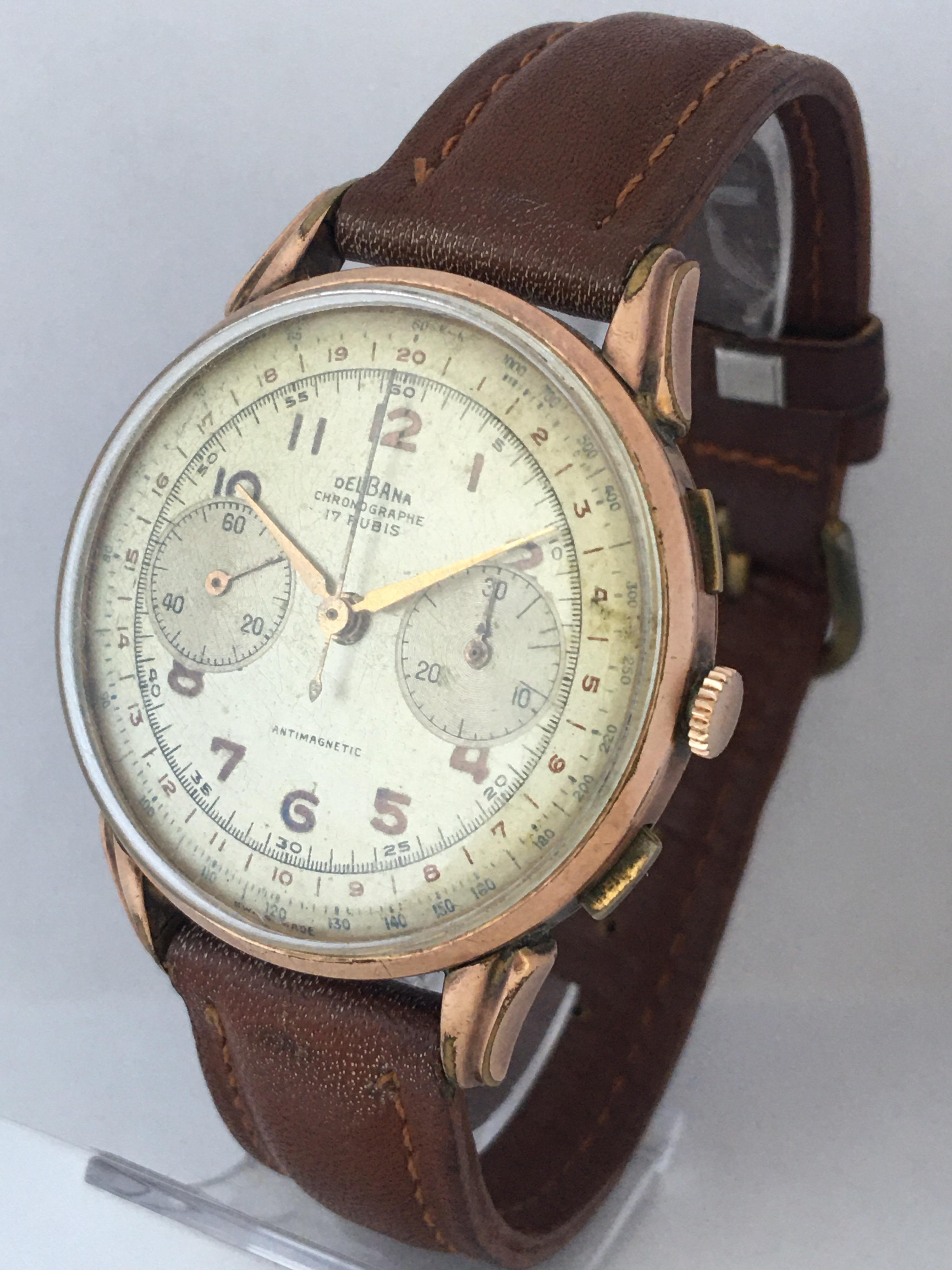 Dieses schöne pre-owned 38mm Durchmesser (ohne Krone) Fall Chronograph Handaufzug Uhr ist in voller Arbeitsbedingungen und es läuft gut (hält eine gute Zeit). Sichtbare Anzeichen von Alterung und Verschleiß mit leichten und winzigen Kratzern und