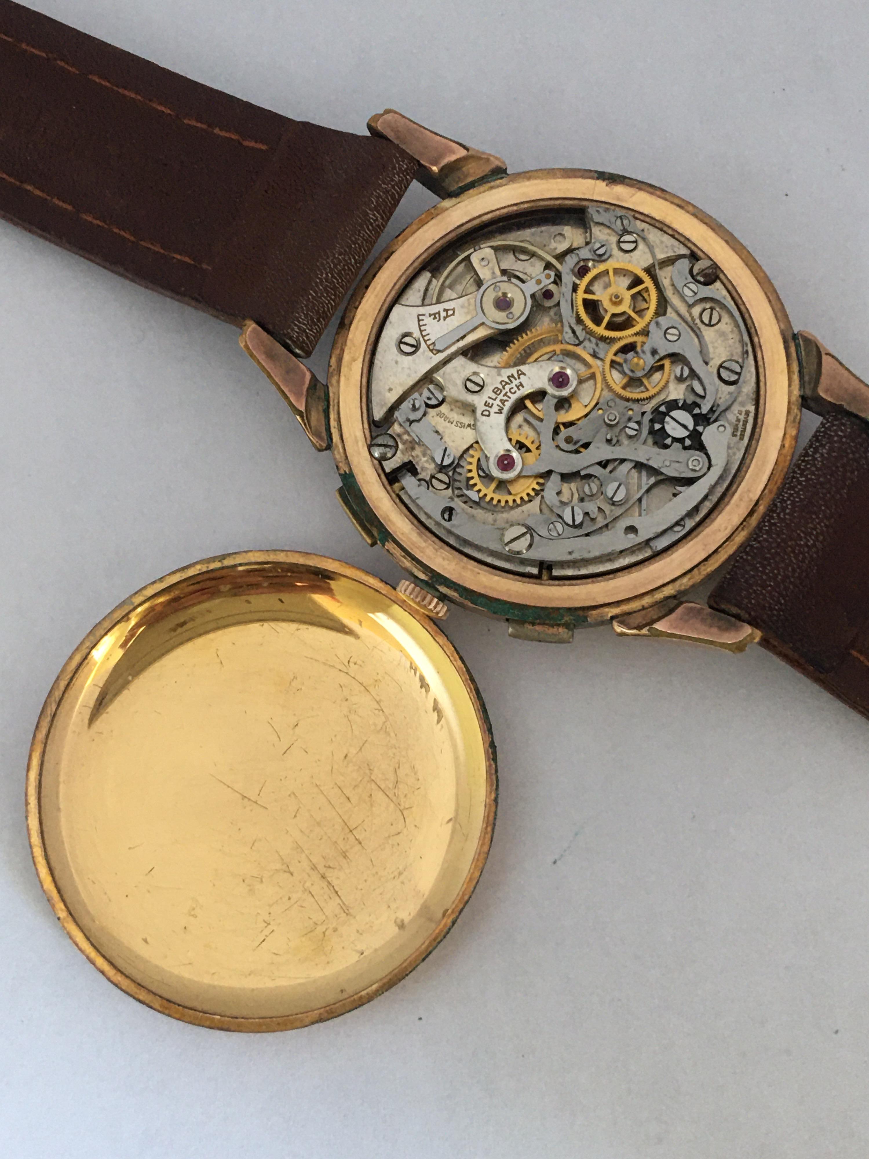 Vintage 1950s Gold Plate Chronograph Mechanische Herrenuhr von Delbana Watch im Zustand „Gut“ in Carlisle, GB