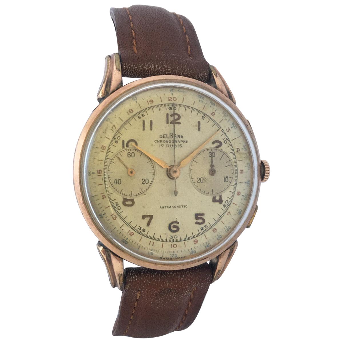 Vintage 1950s Gold Plate Chronograph Mechanical Gents Watch by Delbana Watch