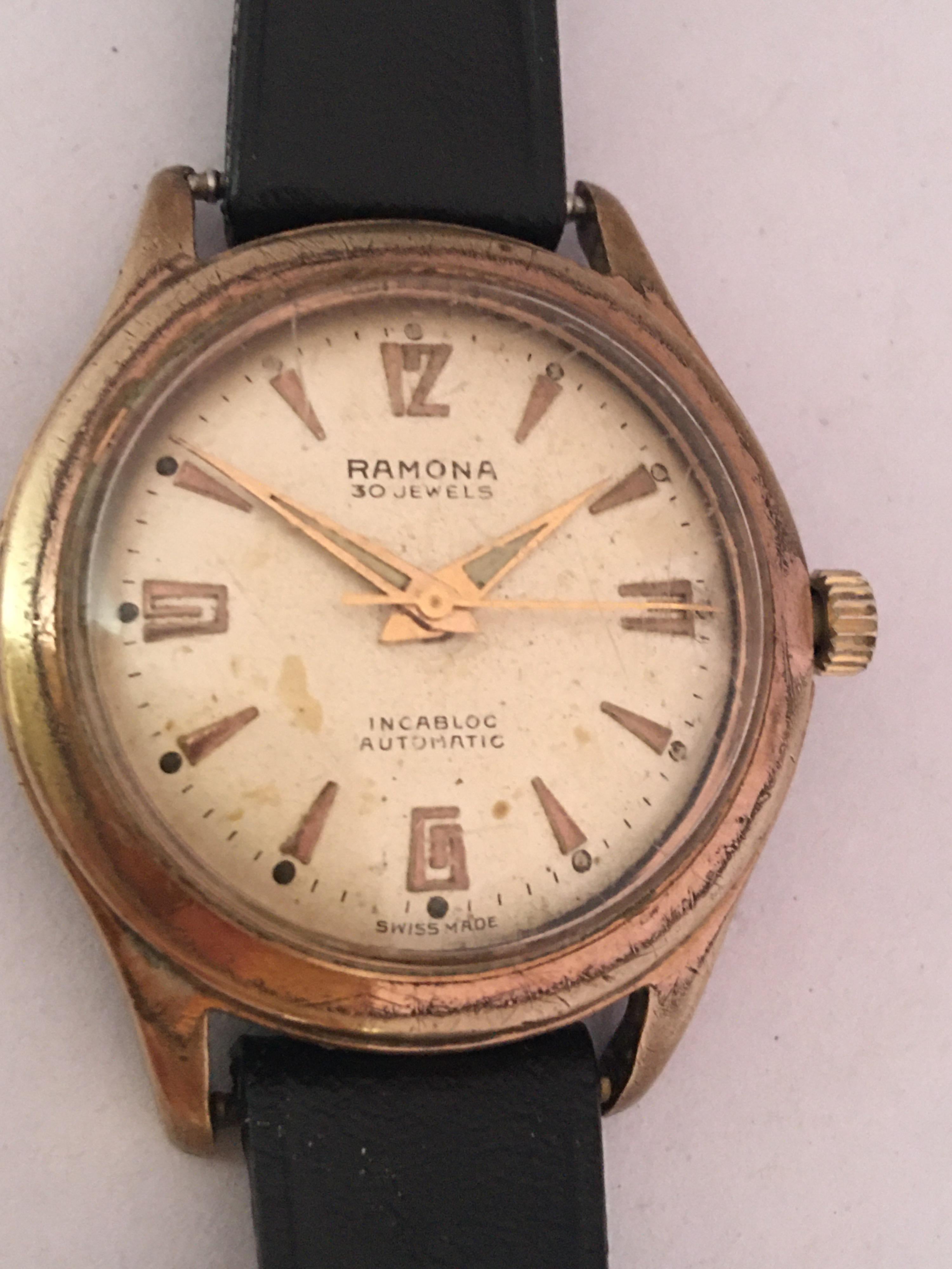 Vintage 1950s Gold-Plated and Stainless Steel Back Swiss Automatic Watch In Fair Condition For Sale In Carlisle, GB