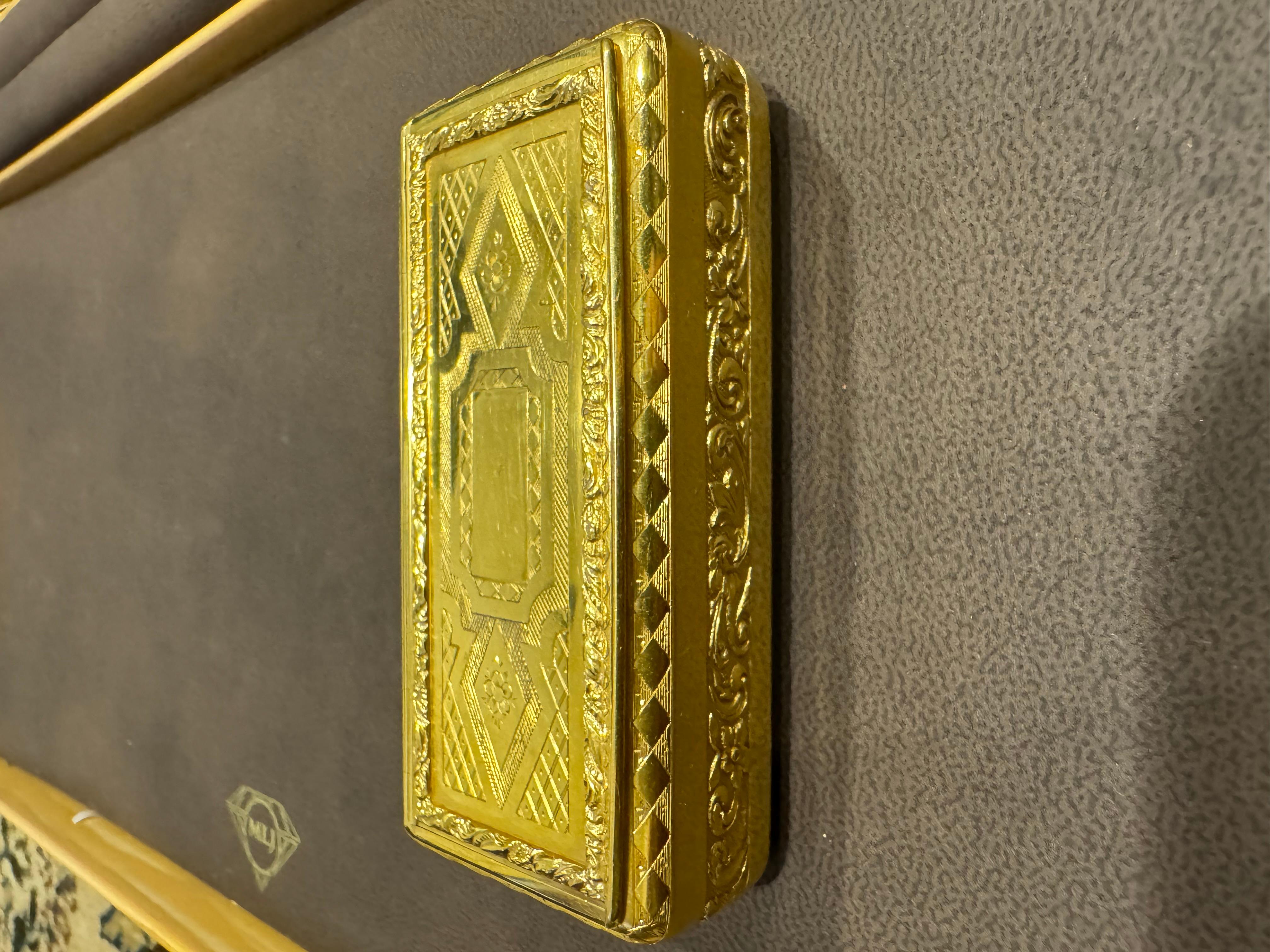 A stunning Retro Box.
 The Elongated box  is made from 18kt solid yellow gold. 
Beautiful artistic workmanship all over the box with different patterns.
set in 18k gold

In excellent condition, no damage.
Size
Height 1 inch
Length 3.2 inches
Width