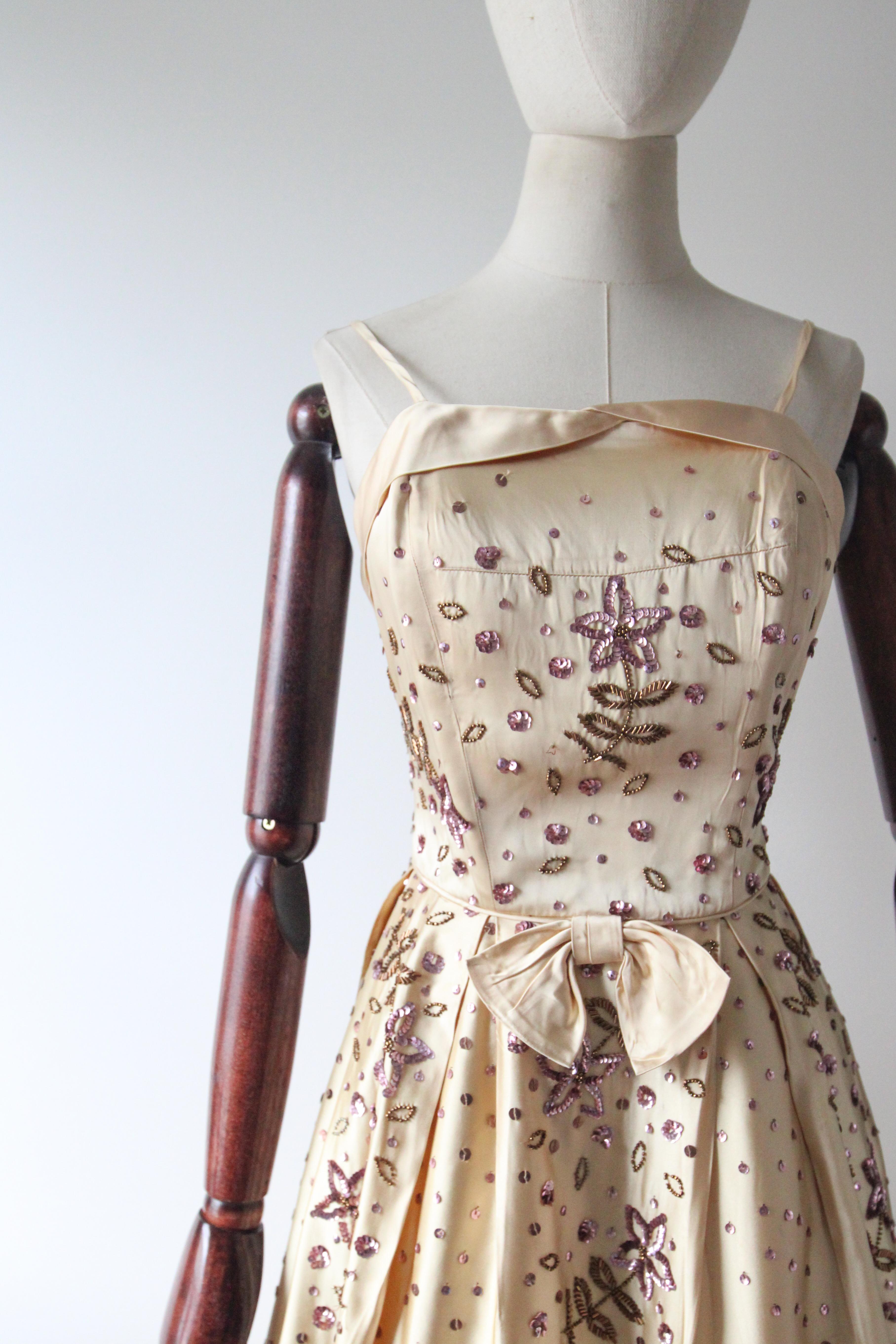Gold Vintage 1950's gold satin and lilac design beaded dress 1950s fit and flare UK 8