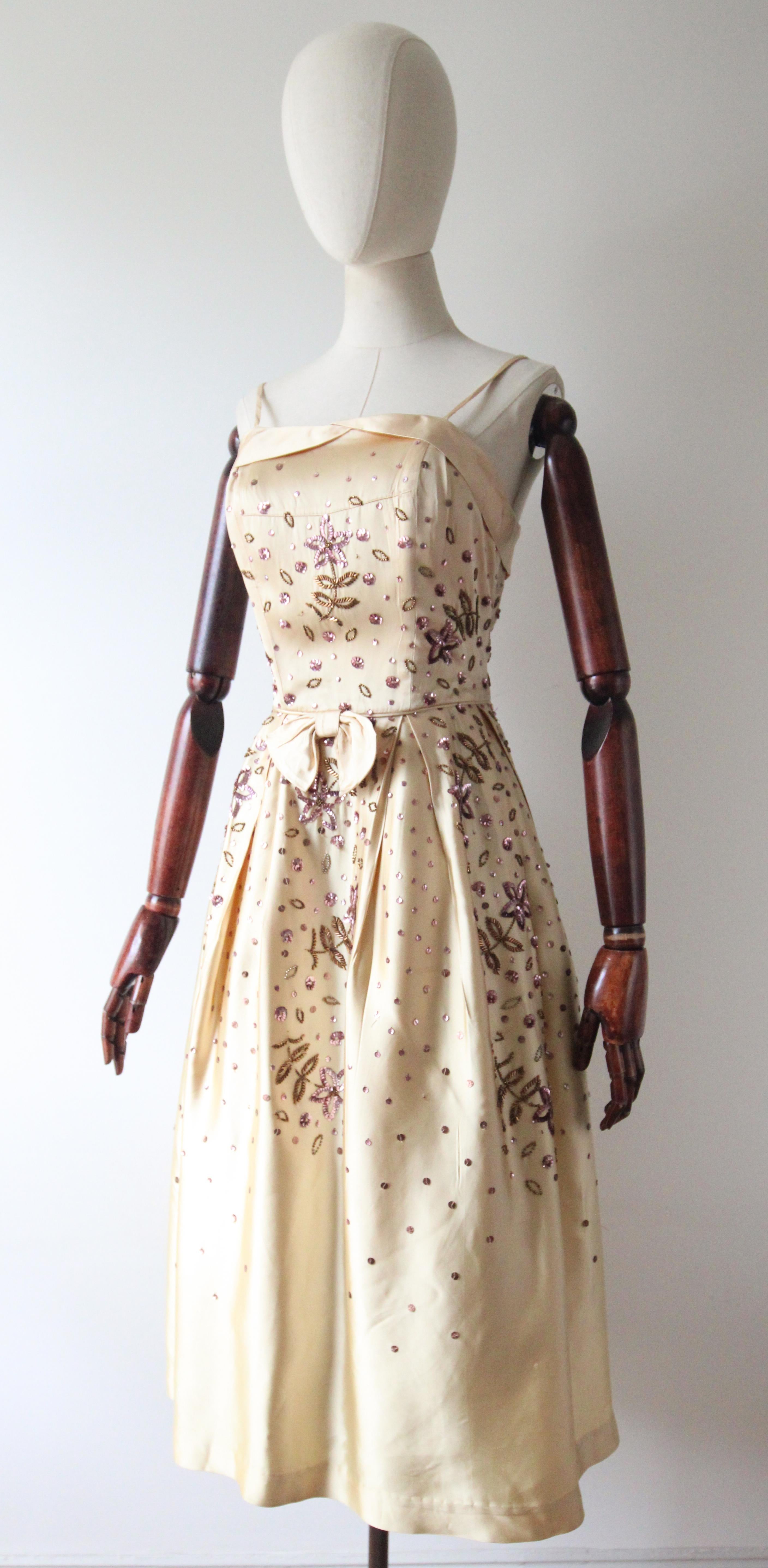 Women's or Men's Vintage 1950's gold satin and lilac design beaded dress 1950s fit and flare UK 8