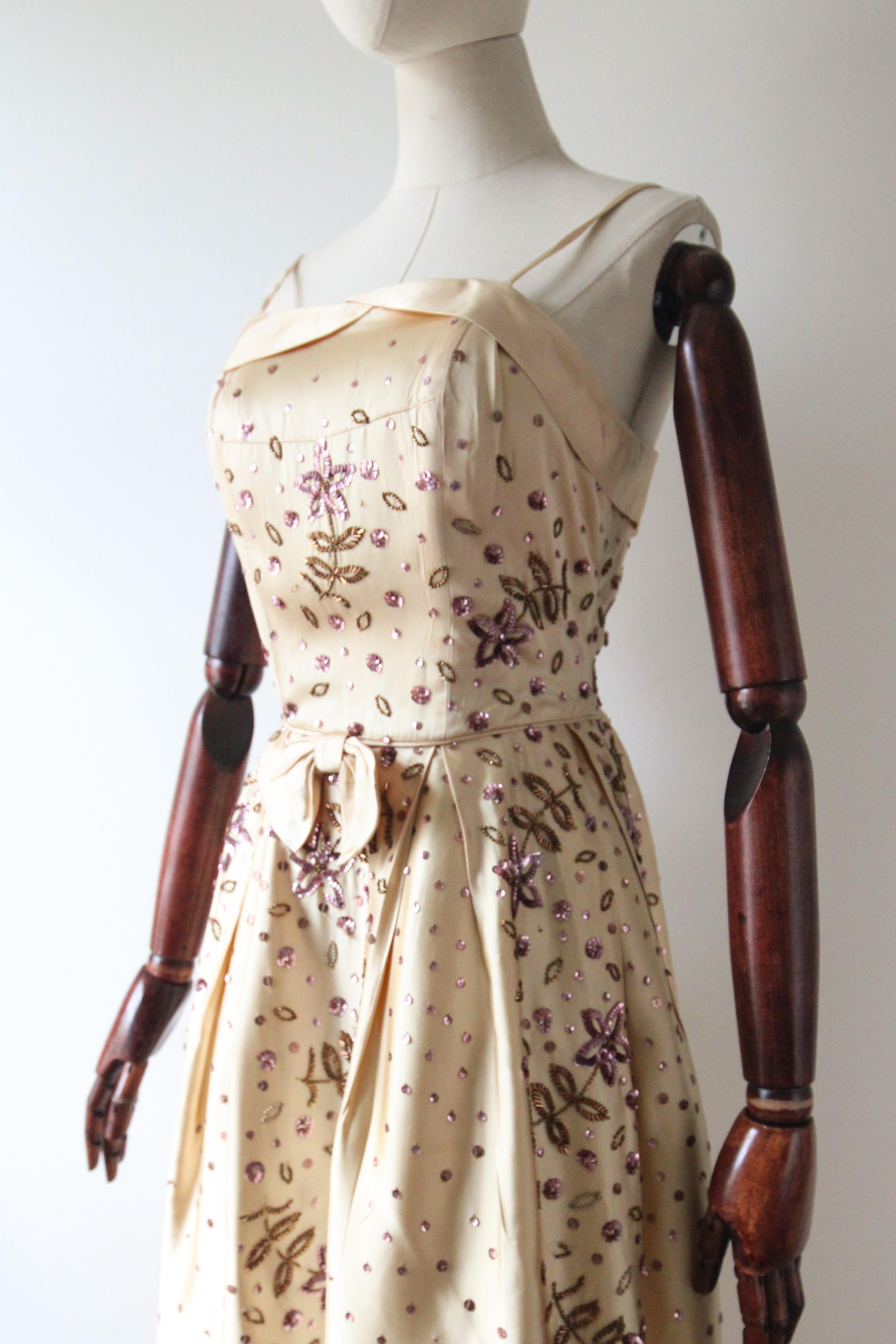 Vintage 1950's gold satin and lilac design beaded dress 1950s fit and flare UK 8 1