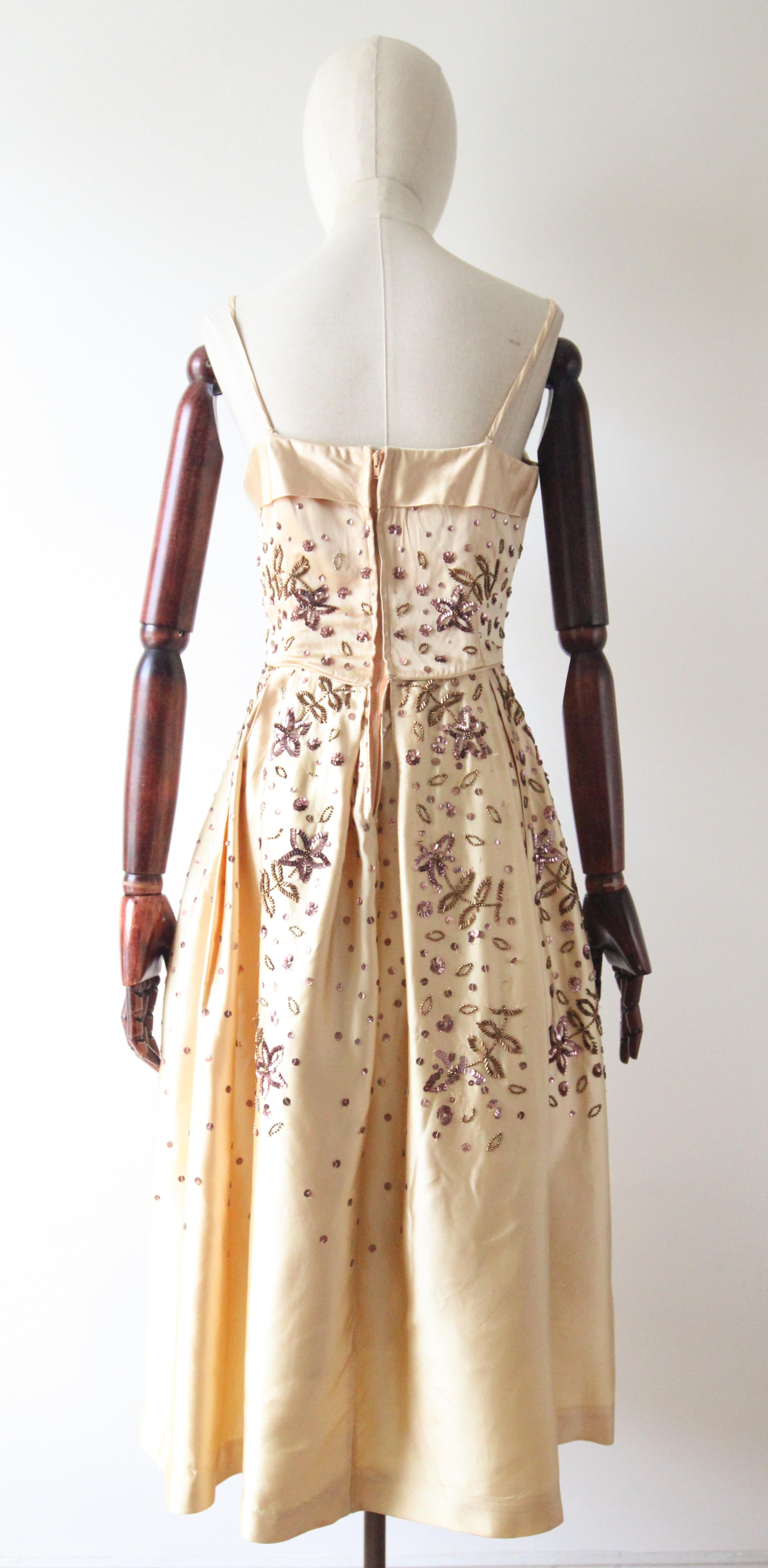 Vintage 1950's gold satin and lilac design beaded dress 1950s fit and flare UK 8 2