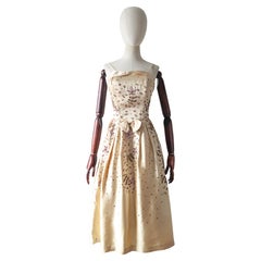 Vintage 1950's gold satin and lilac design beaded dress 1950s fit and flare UK 8