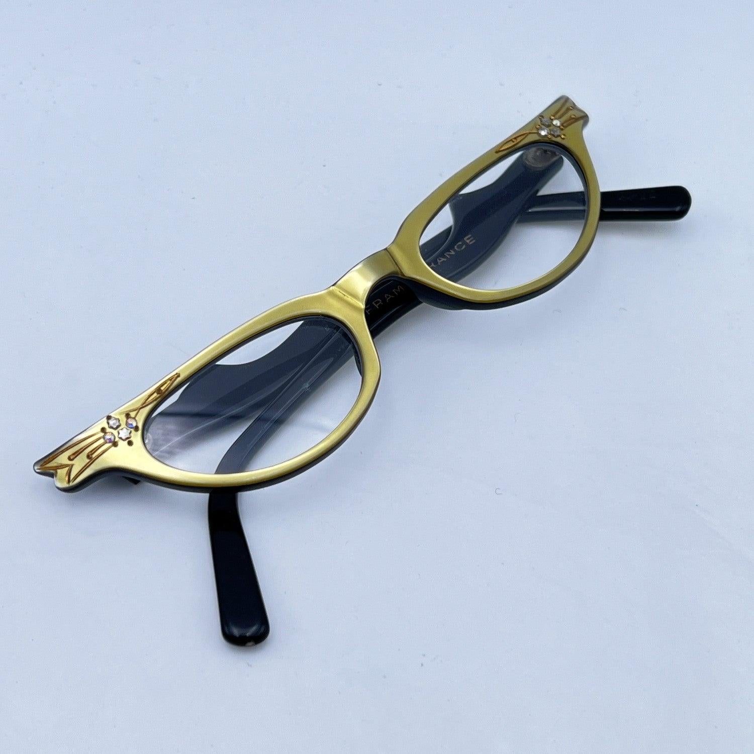 Blue Vintage 1950s Gold Tone Cat-Eye Eyeglasses 44-22 Crystals Frame