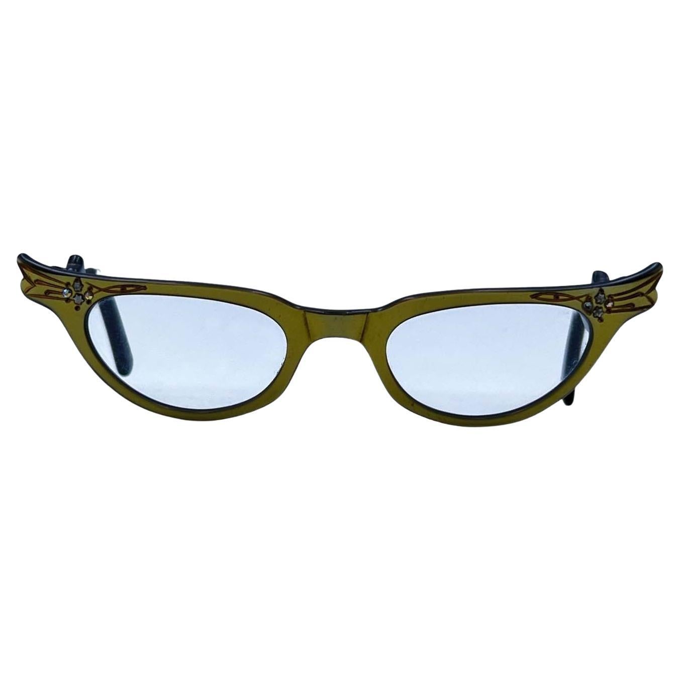 Vintage 1950s Gold Tone Cat-Eye Eyeglasses 44-22 Crystals Frame